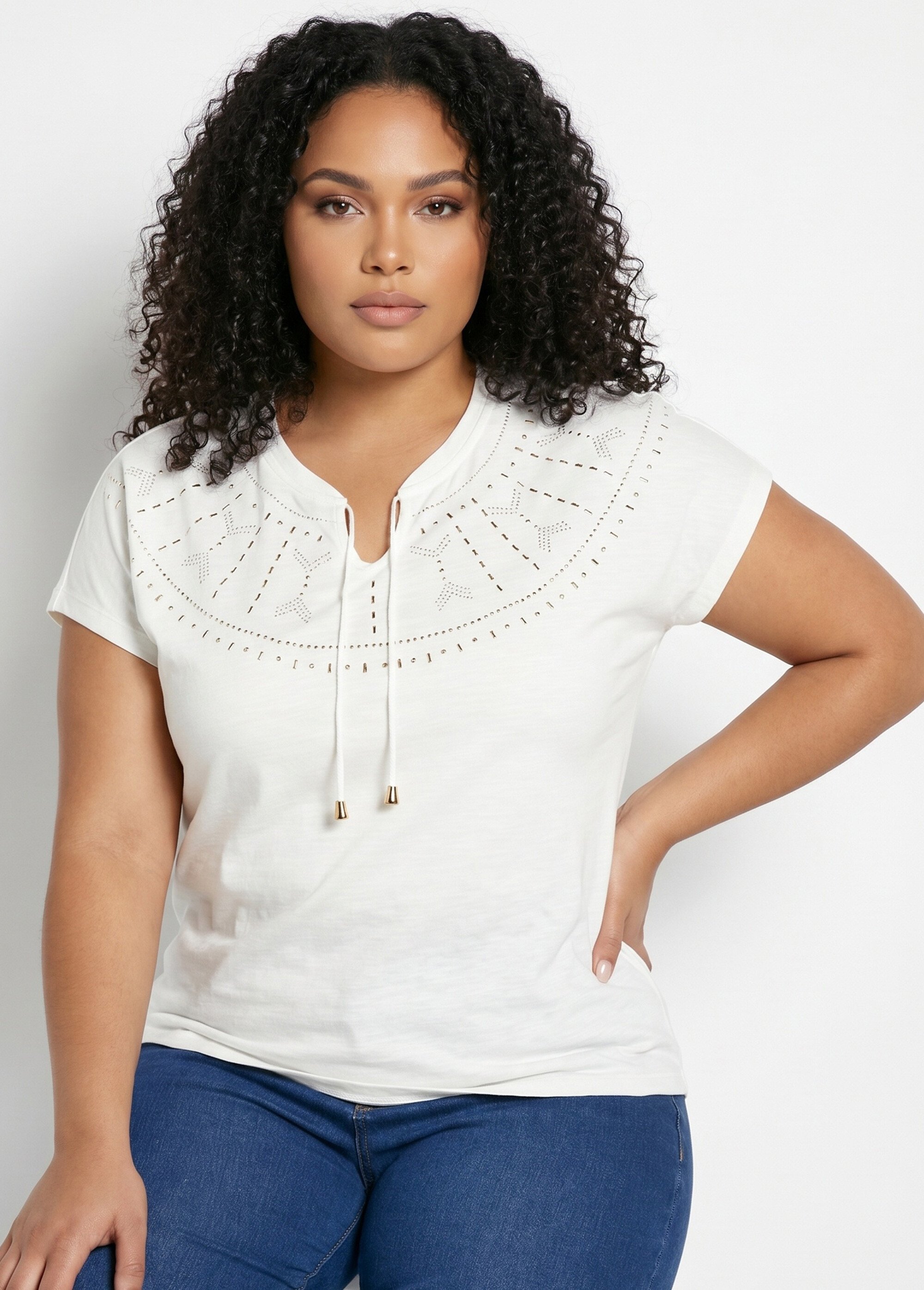 T-shirt court uni clouté maille flammée