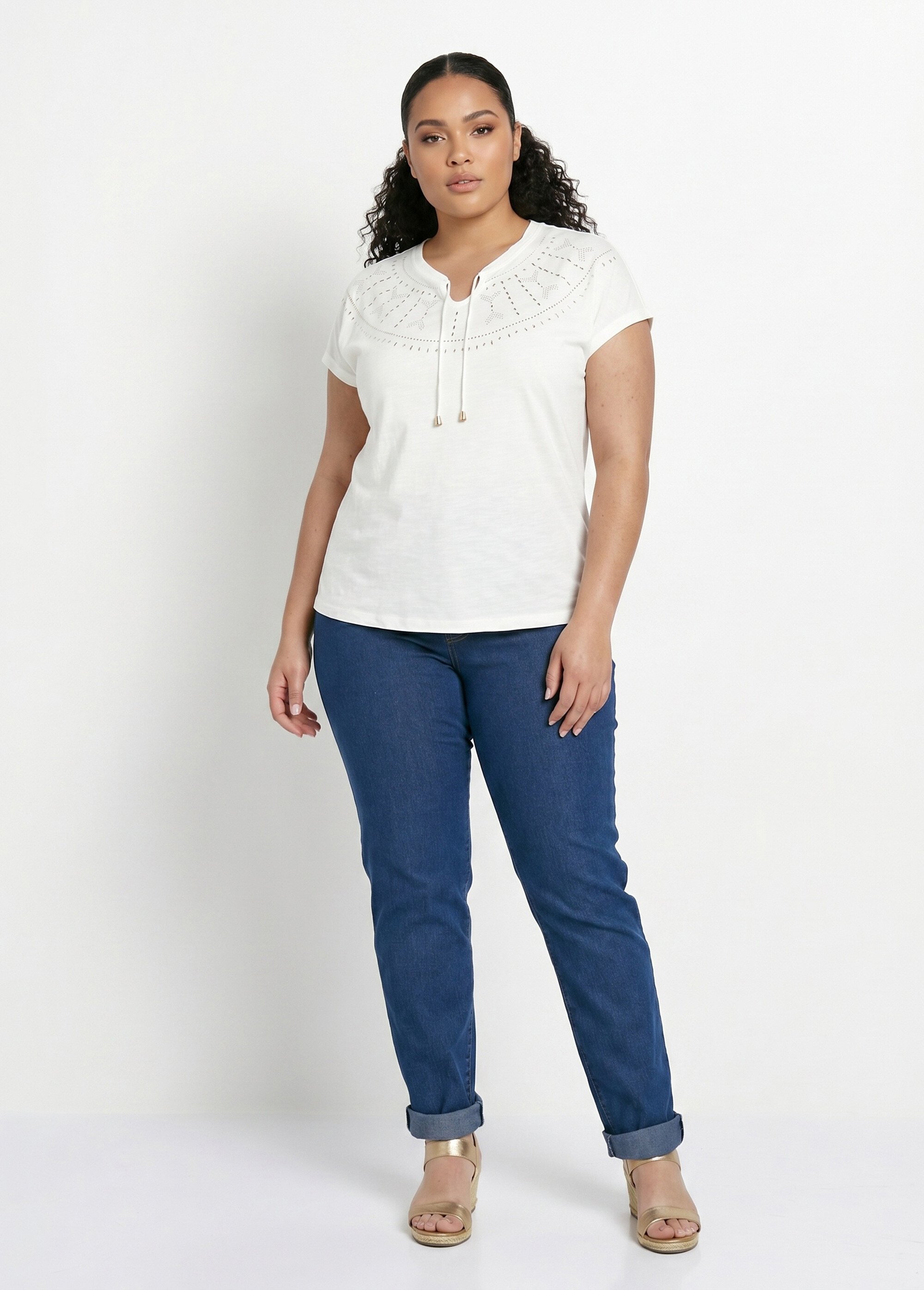 T-shirt court uni clouté maille flammée Femme Grande Taille Blanc CLASIE SI1