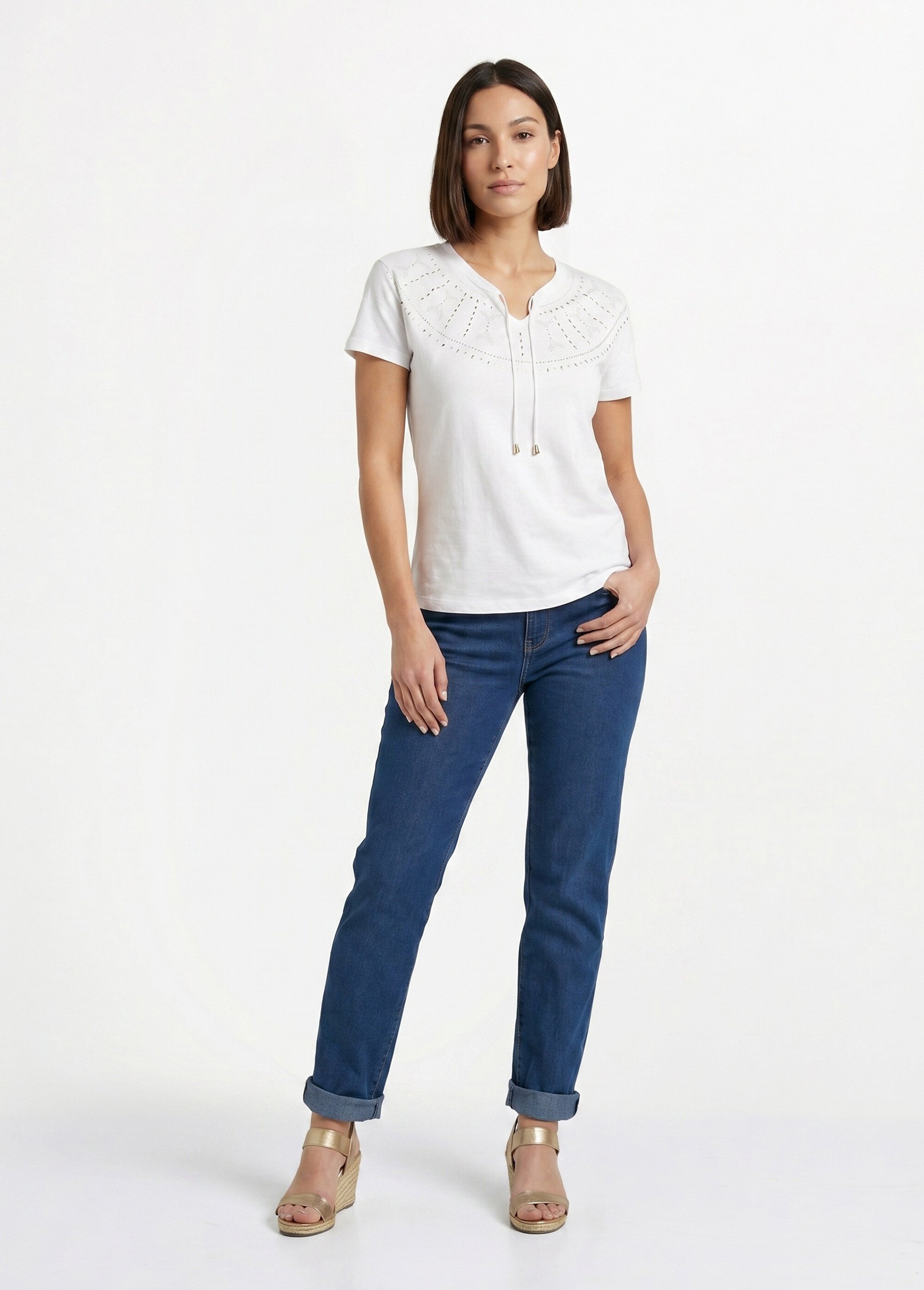 T-shirt court uni clouté maille flammée Femme Blanc CLASIE SI1
