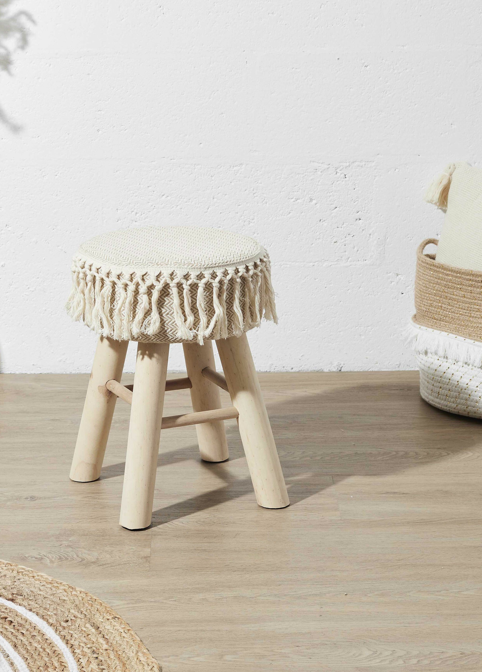 Tabouret thème ethnique assise franges BEIGE ET MARRON CMP-HD0256 SI2