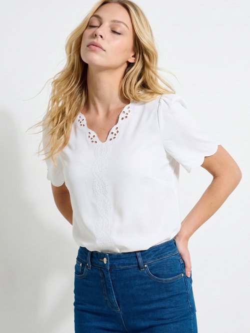 Tunique longue brodée manches courtes unie Femme Beige CELESTINE MV1
