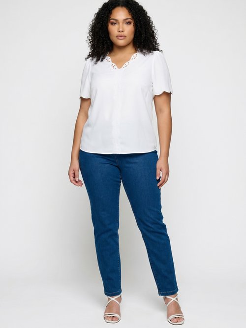 Tunique longue brodée manches courtes unie Femme Grande Taille Beige CELESTINE SI1
