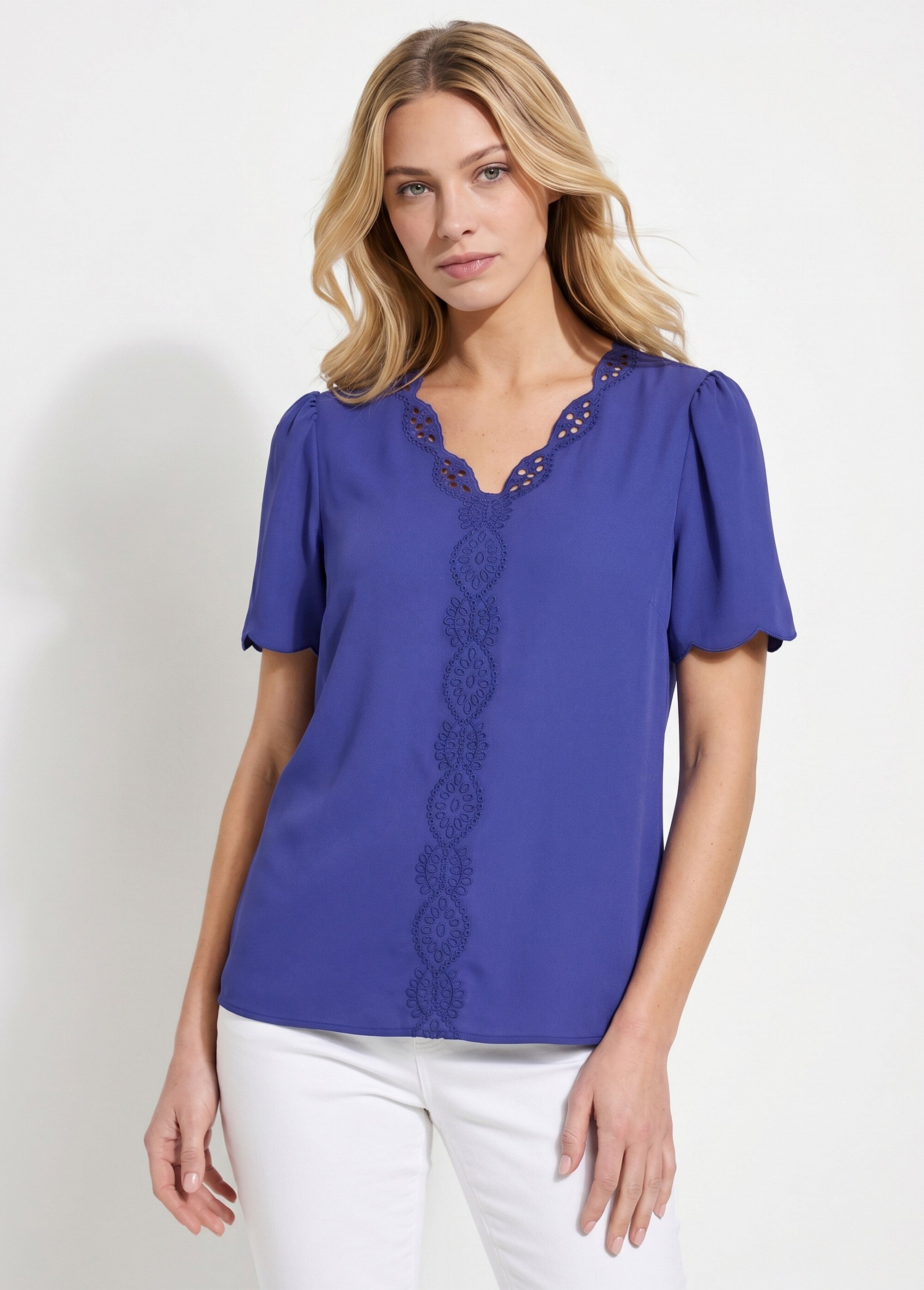 Tunique longue brodée manches courtes unie Femme Bleu CELESTINE FA1
