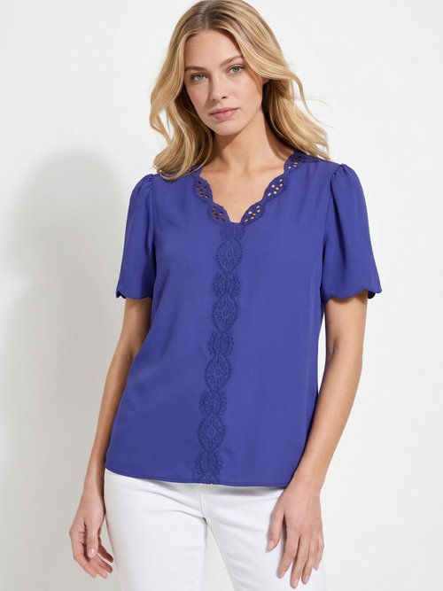 Tunique longue brodée manches courtes unie Femme Bleu CELESTINE FA1