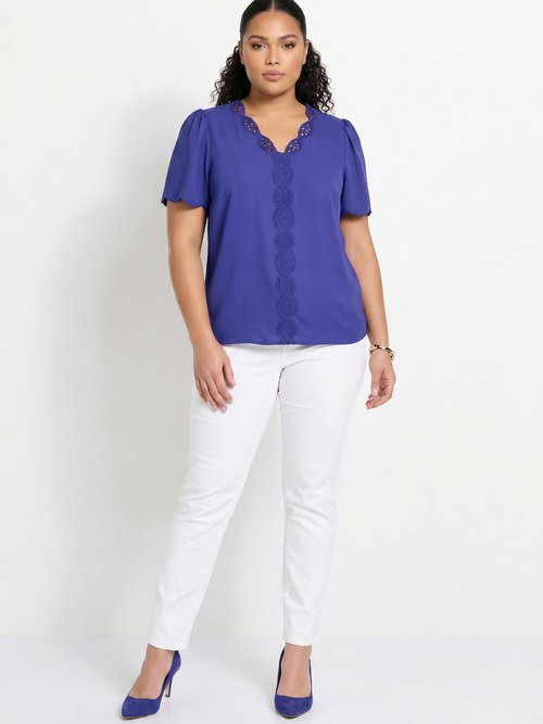 Tunique longue brodée manches courtes unie Femme Grande Taille Bleu CELESTINE SI1