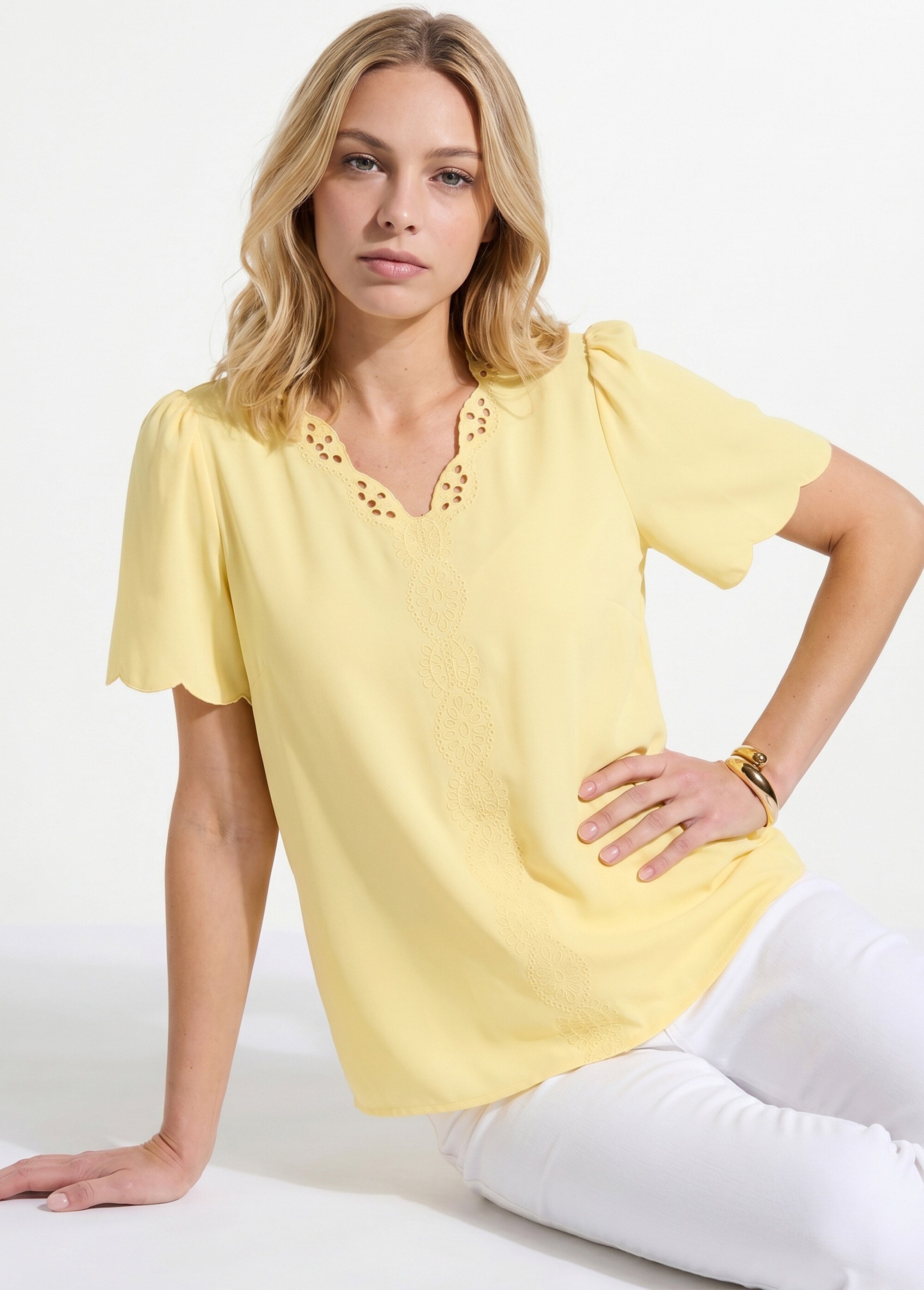 Tunique longue brodée manches courtes unie Femme Jaune CELESTINE MV1