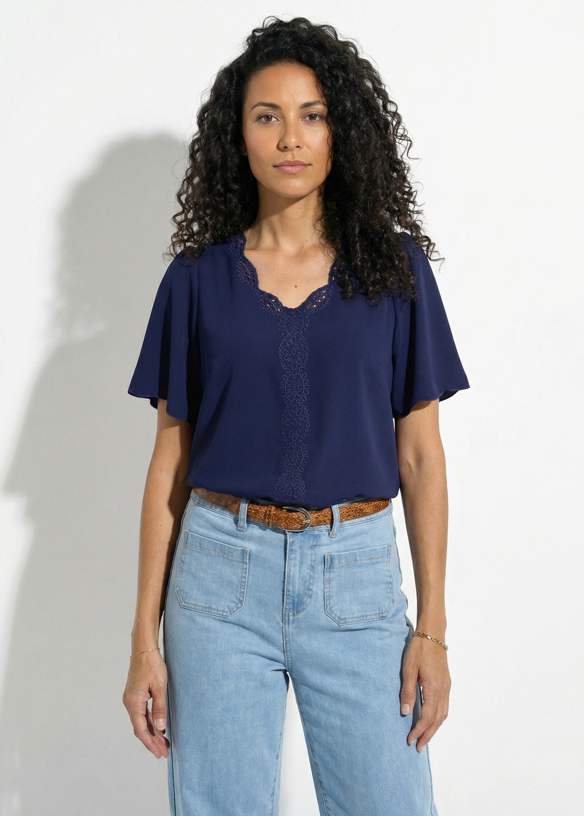 Tunique longue brodée manches courtes unie Femme Bleu CELESTINE FA1