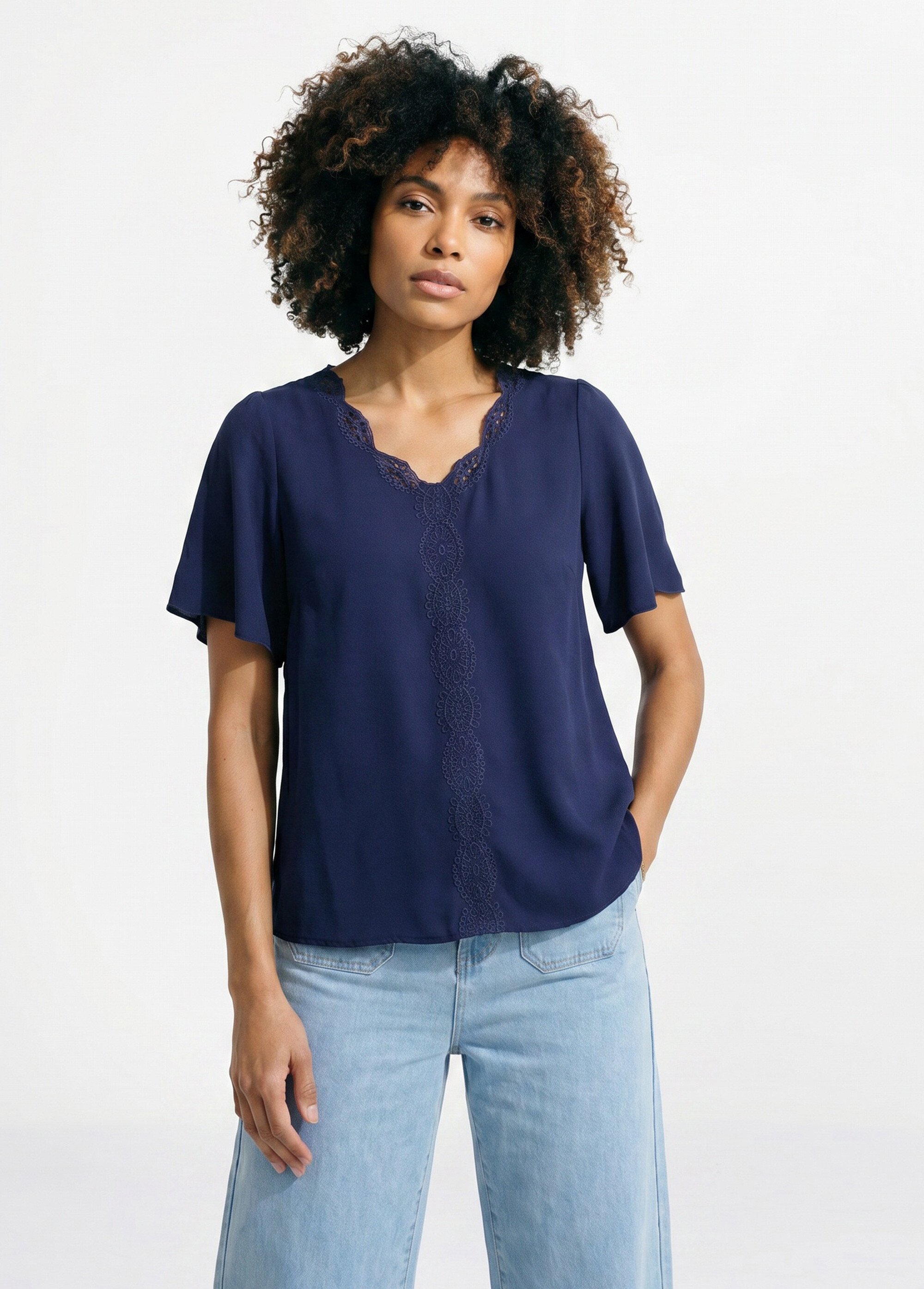 Tunique longue brodée manches courtes unie Femme Bleu CELESTINE FA1