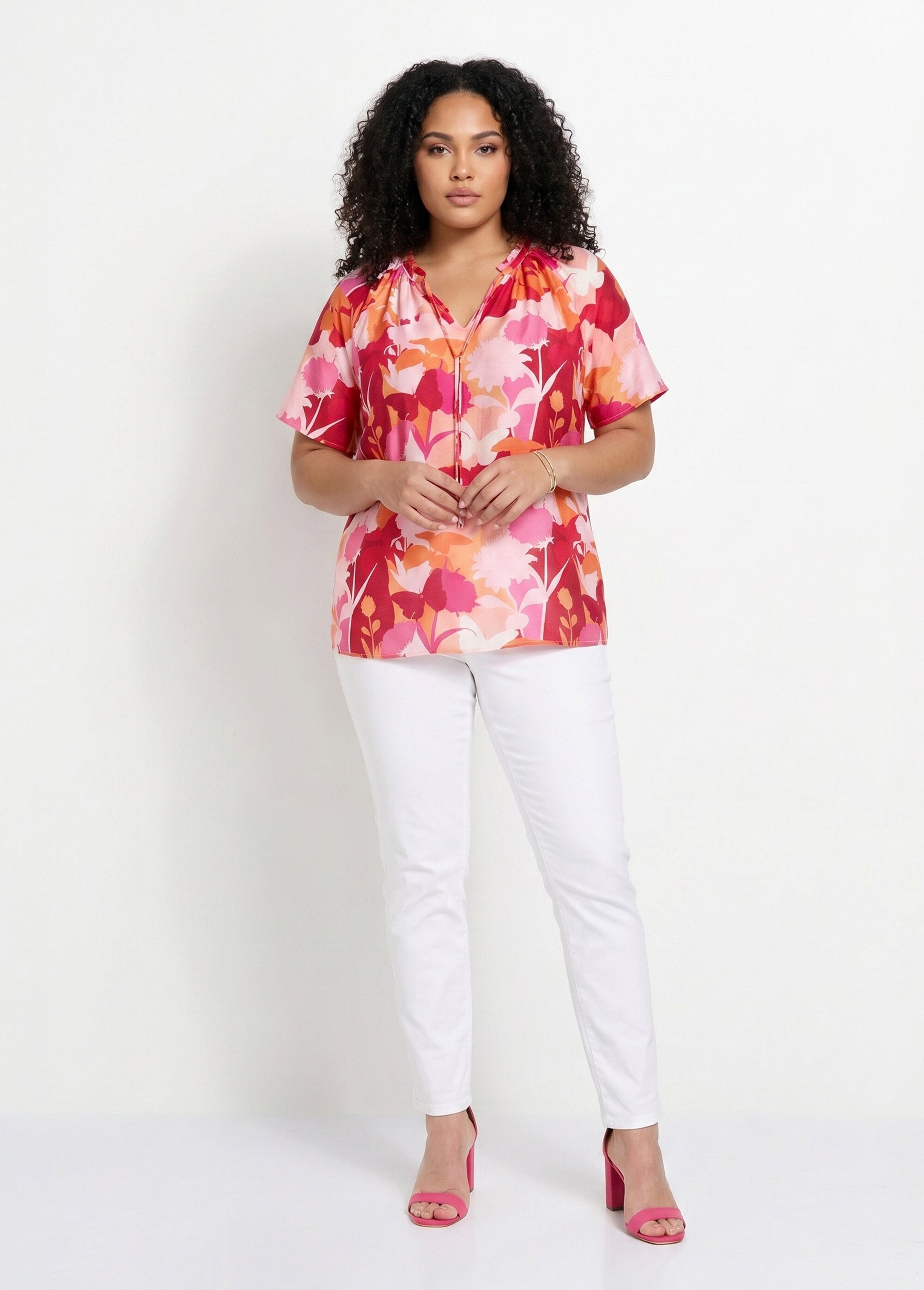 Tunique longue voile fleuri col V volanté Femme Grande Taille ROSE ET ROUGE CAMINI SI1