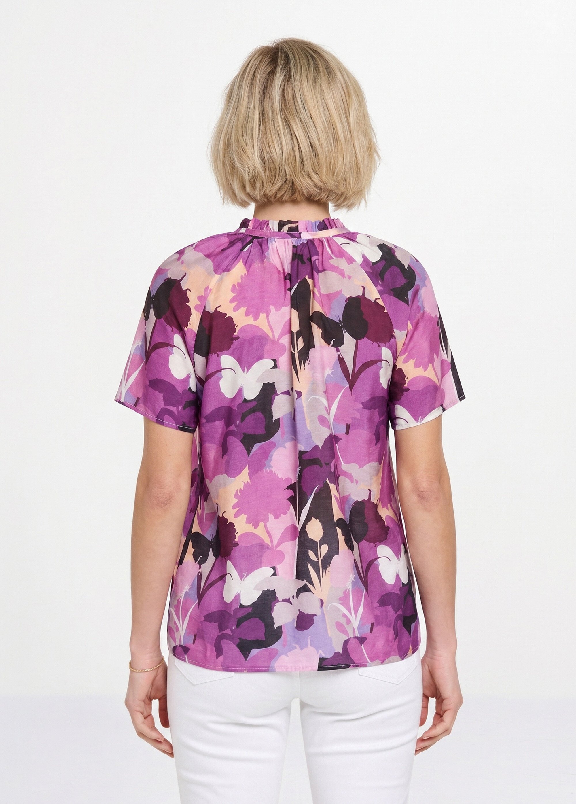 Tunique longue voile fleuri col V volanté