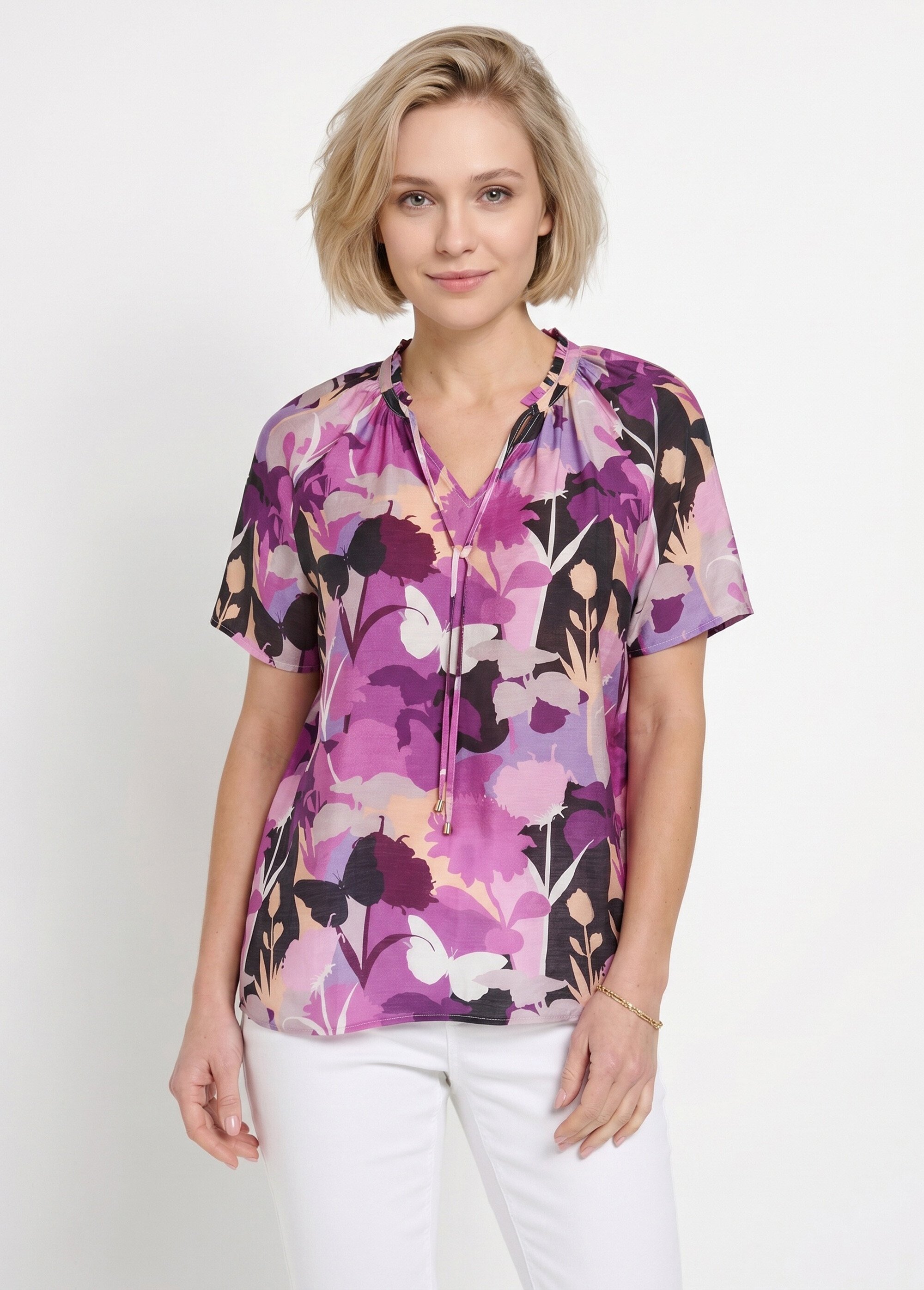 Tunique longue voile fleuri col V volanté Femme VIOLET ET NOIR CAMINI FA1