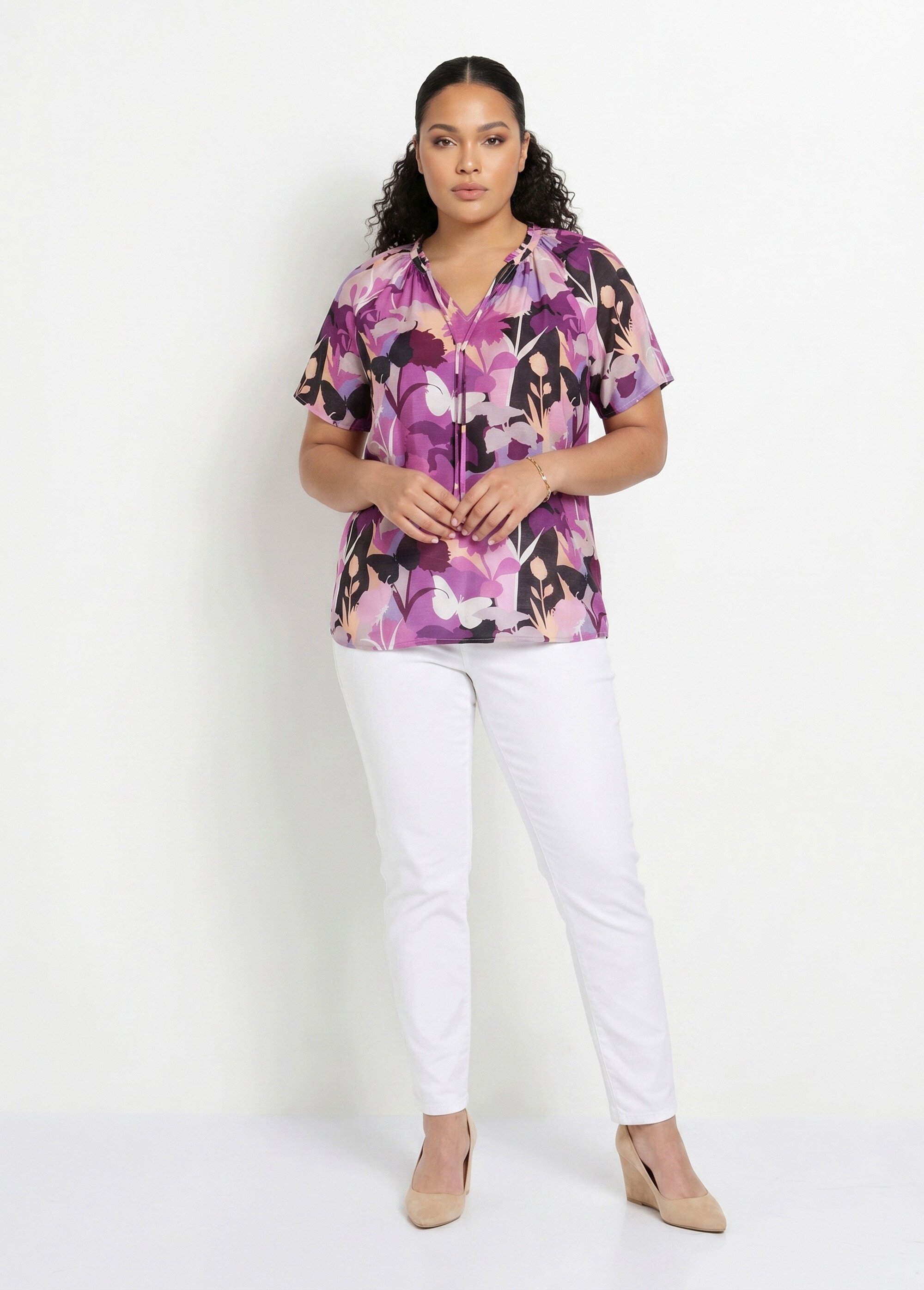 Tunique longue voile fleuri col V volanté Femme Grande Taille VIOLET ET NOIR CAMINI SI1