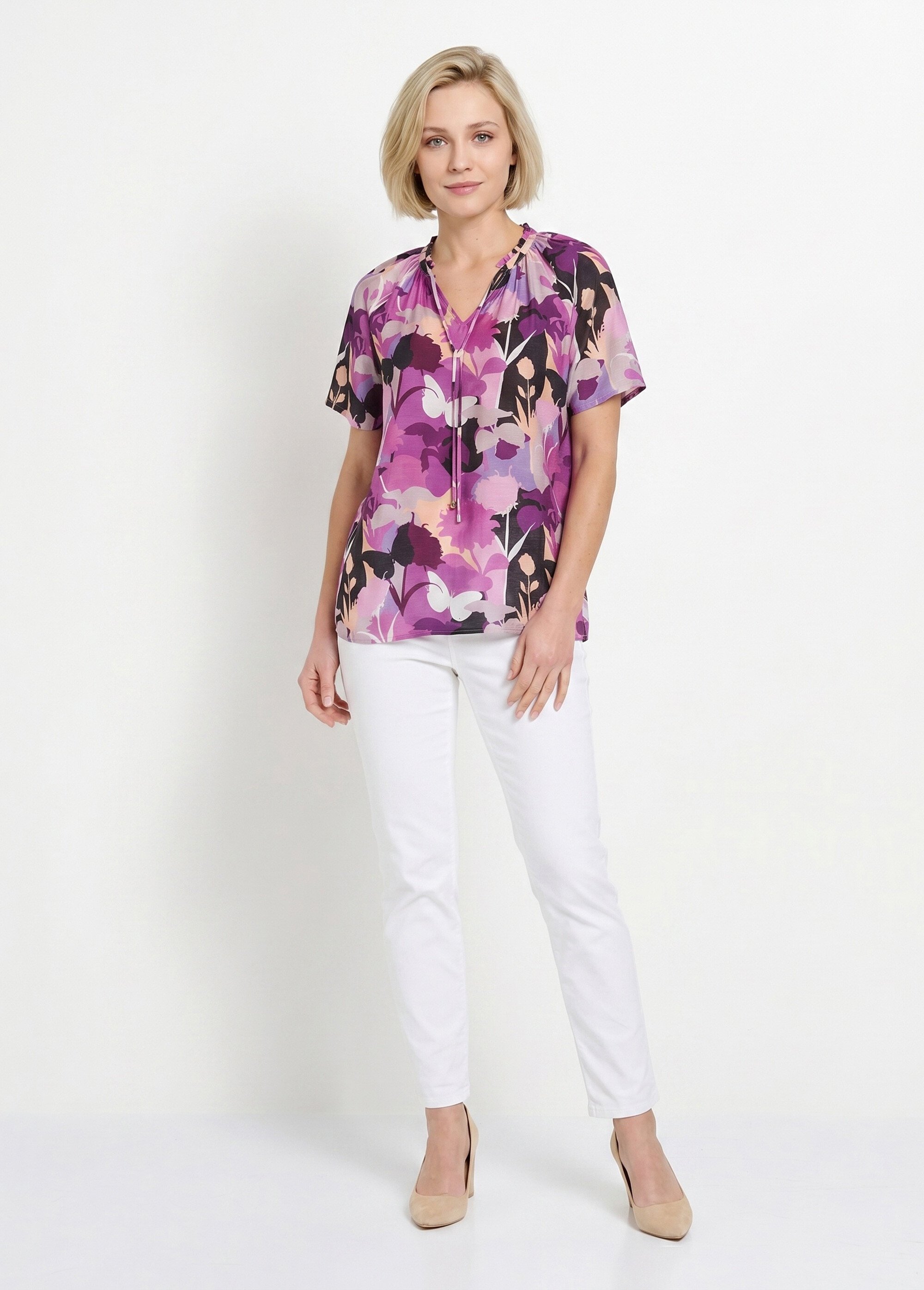 Tunique longue voile fleuri col V volanté Femme VIOLET ET NOIR CAMINI SI1