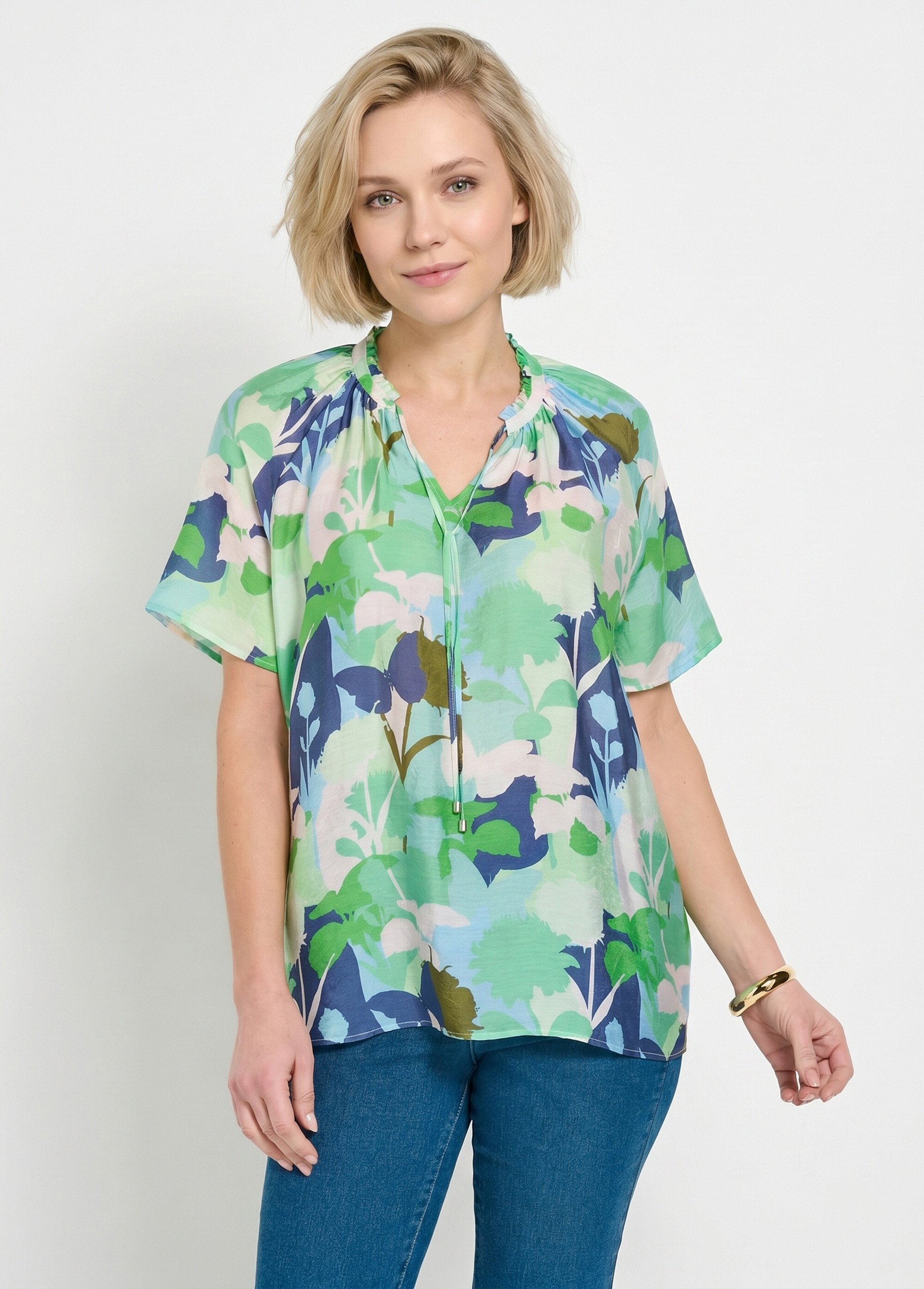 Tunique longue voile fleuri col V volanté Femme Bleu CAMINI FA1