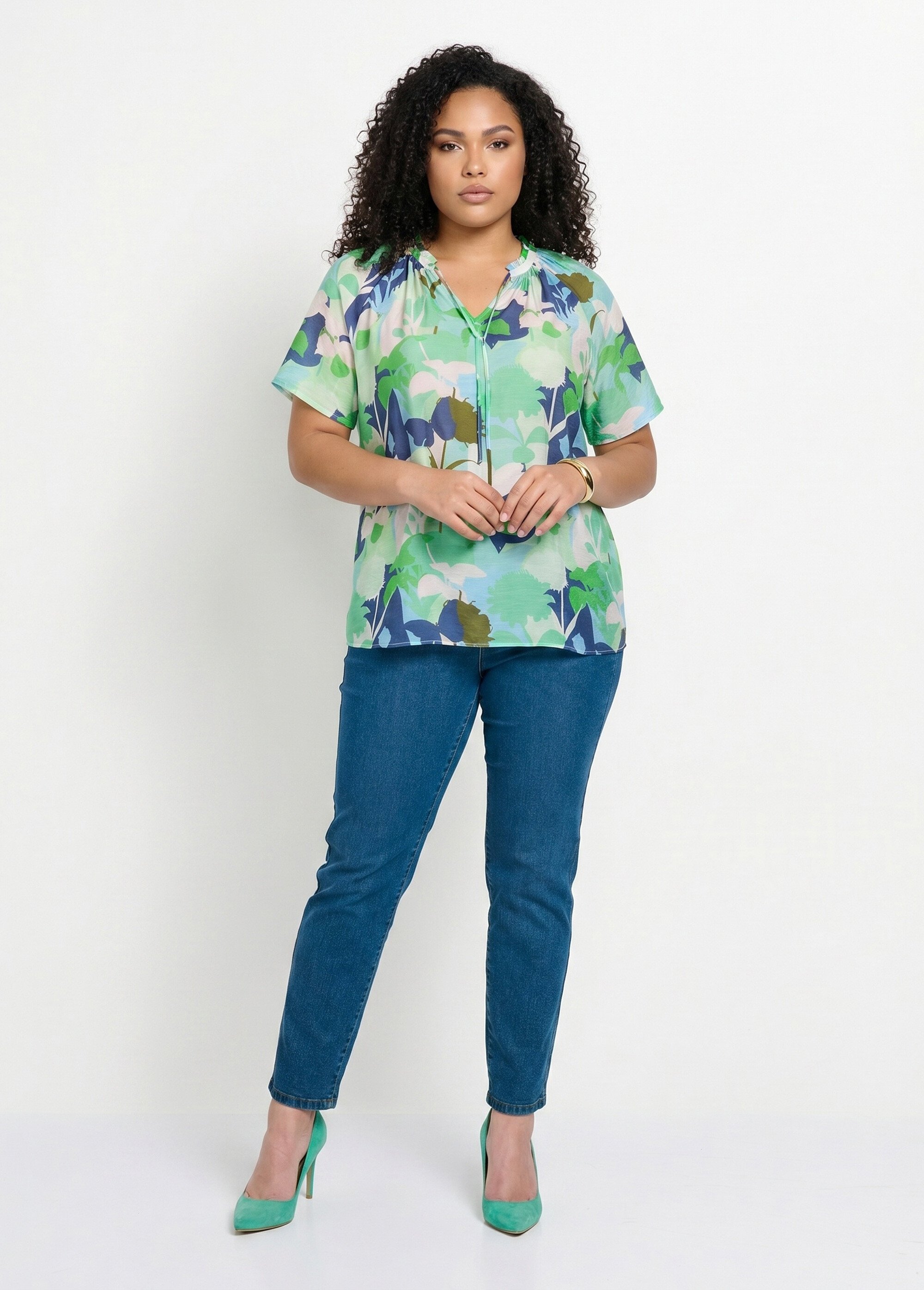 Tunique longue voile fleuri col V volanté Femme Grande Taille Bleu CAMINI SI1