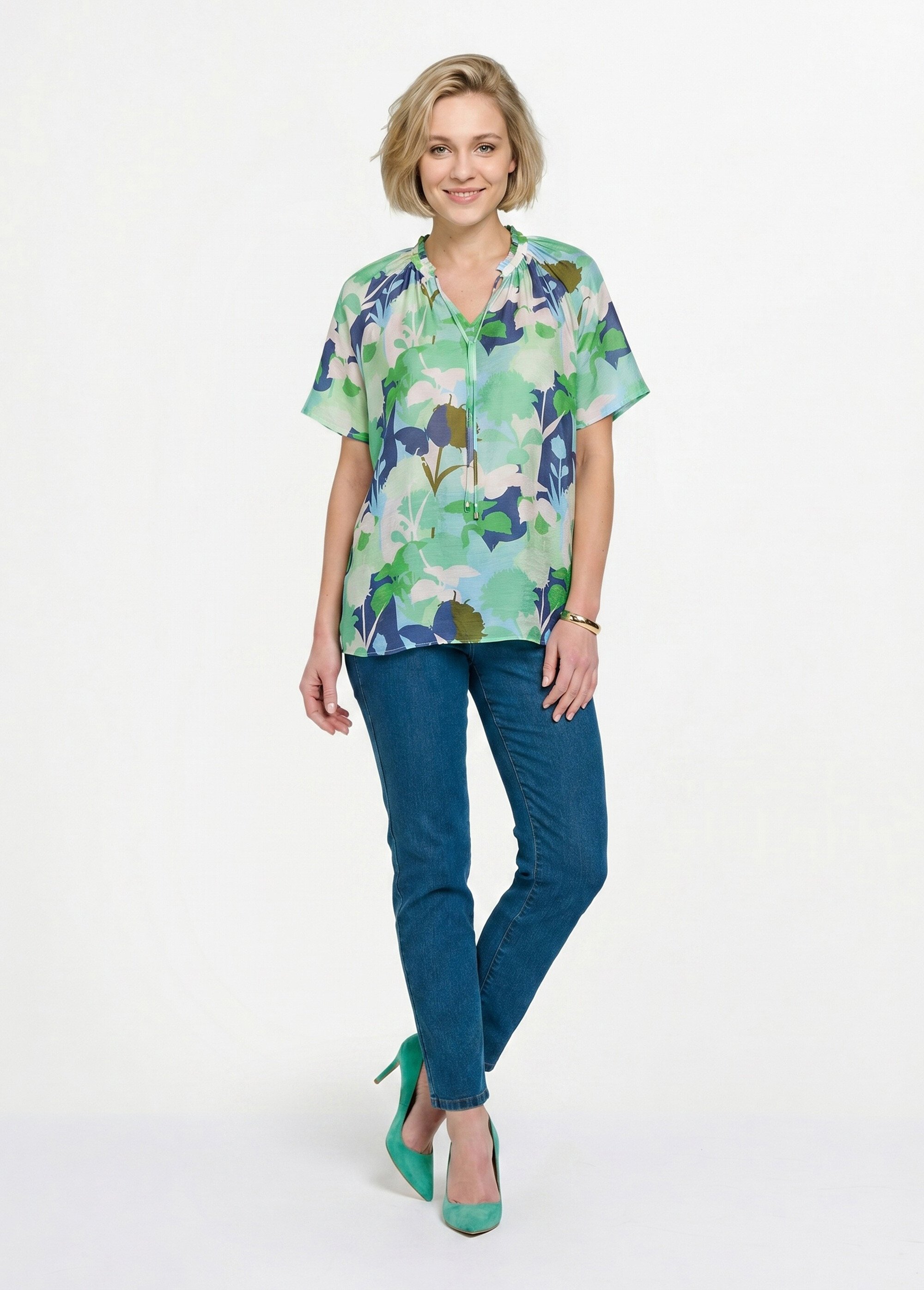 Tunique longue voile fleuri col V volanté Femme Bleu CAMINI SI1
