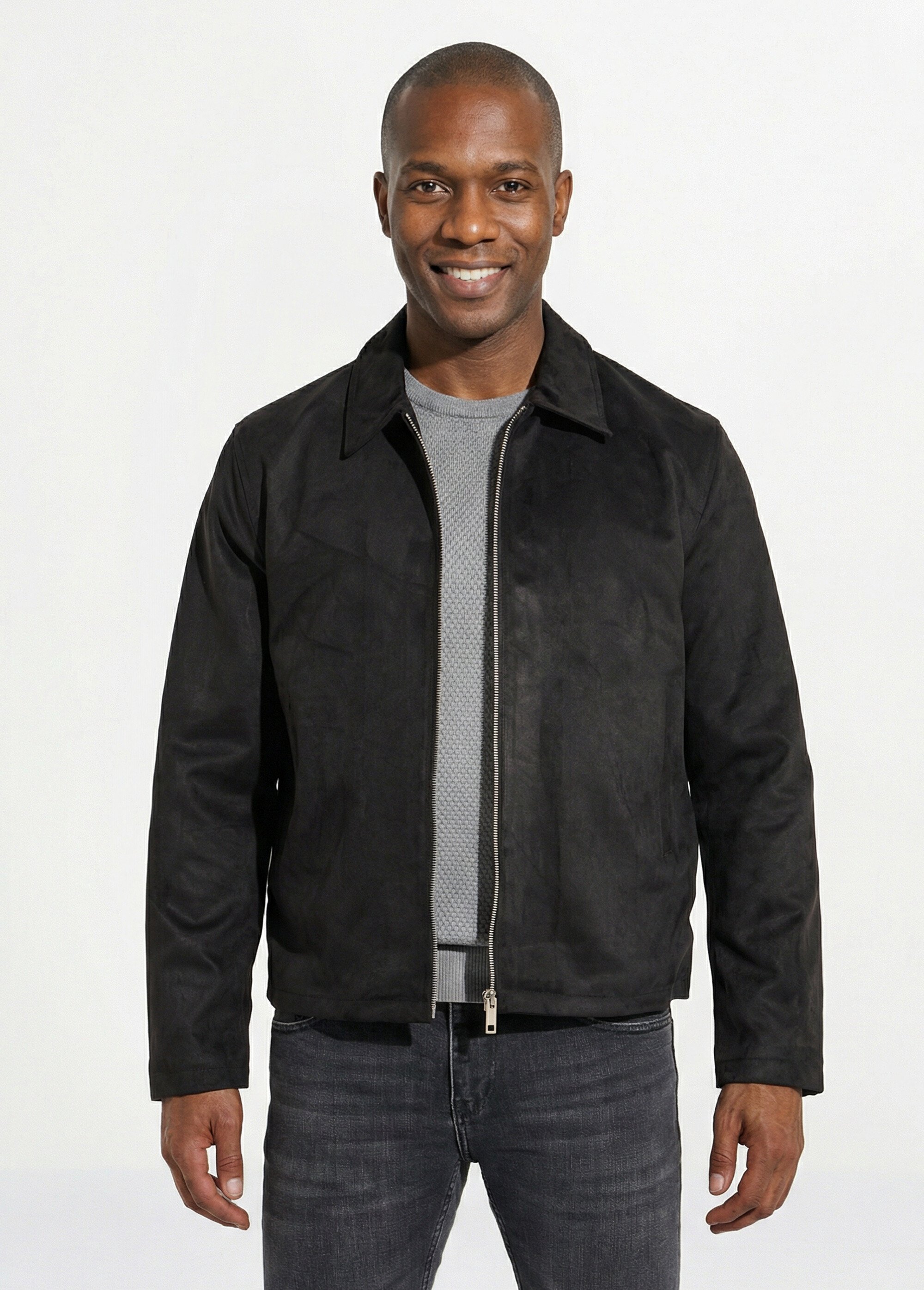 Blouson court zippé en suédine Homme Noir FRIQQ529N90 FA1