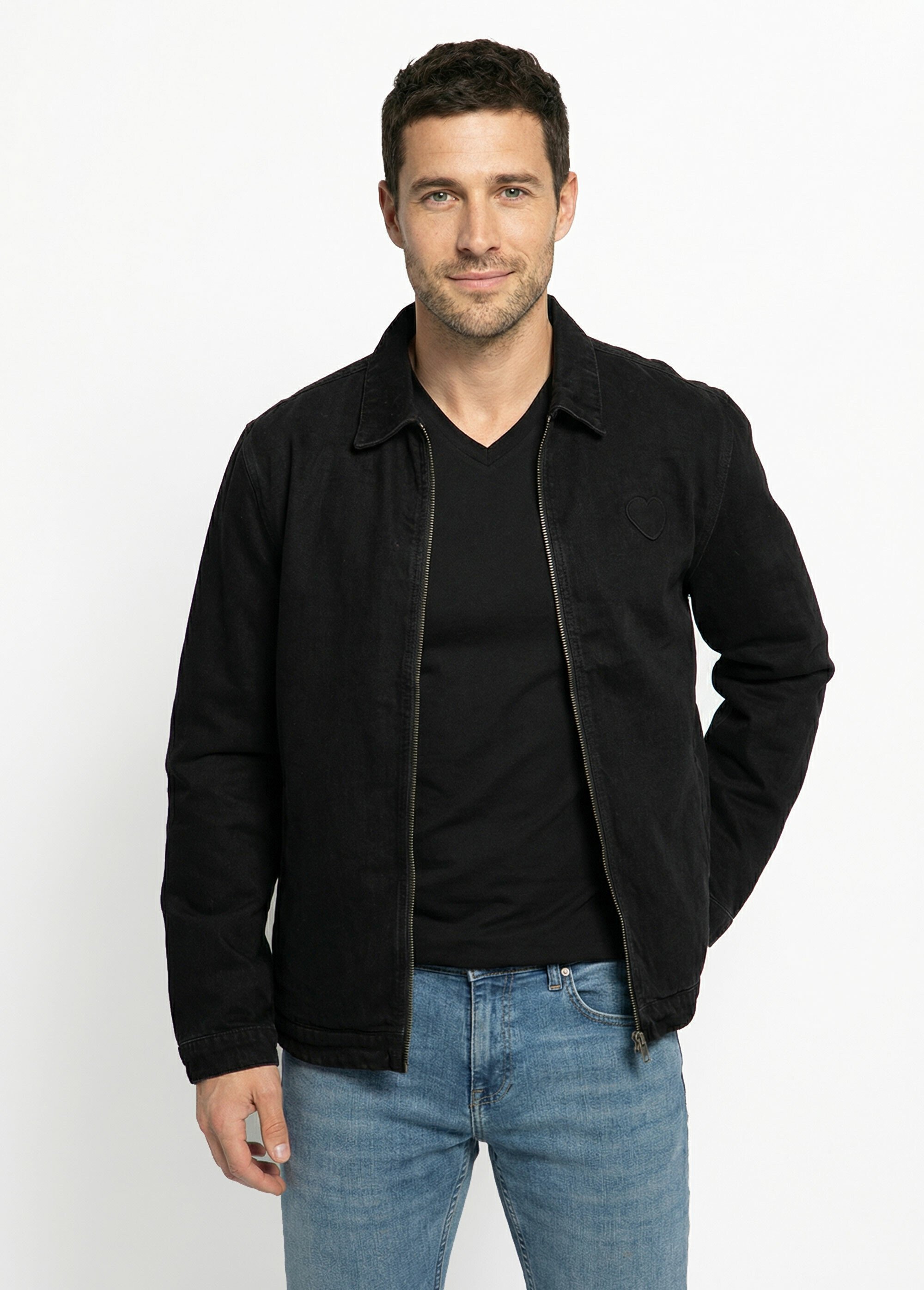 Blouson en jean zippé, cœur poitrine Homme Noir LYSJF-028 FA1