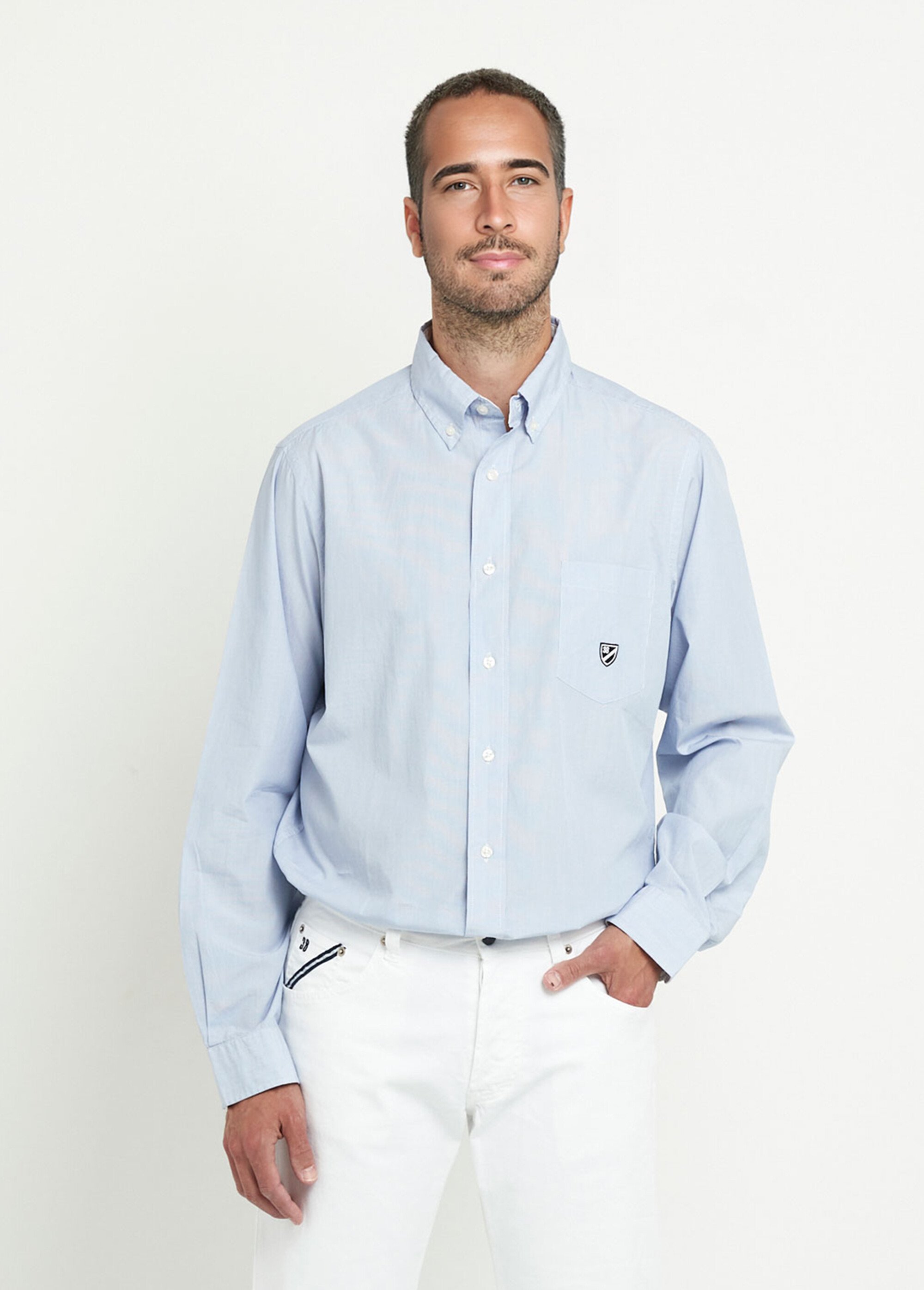 Chemise fines rayures, col pointes boutonnées Homme Bleu DC-E2AQWV06 FA1