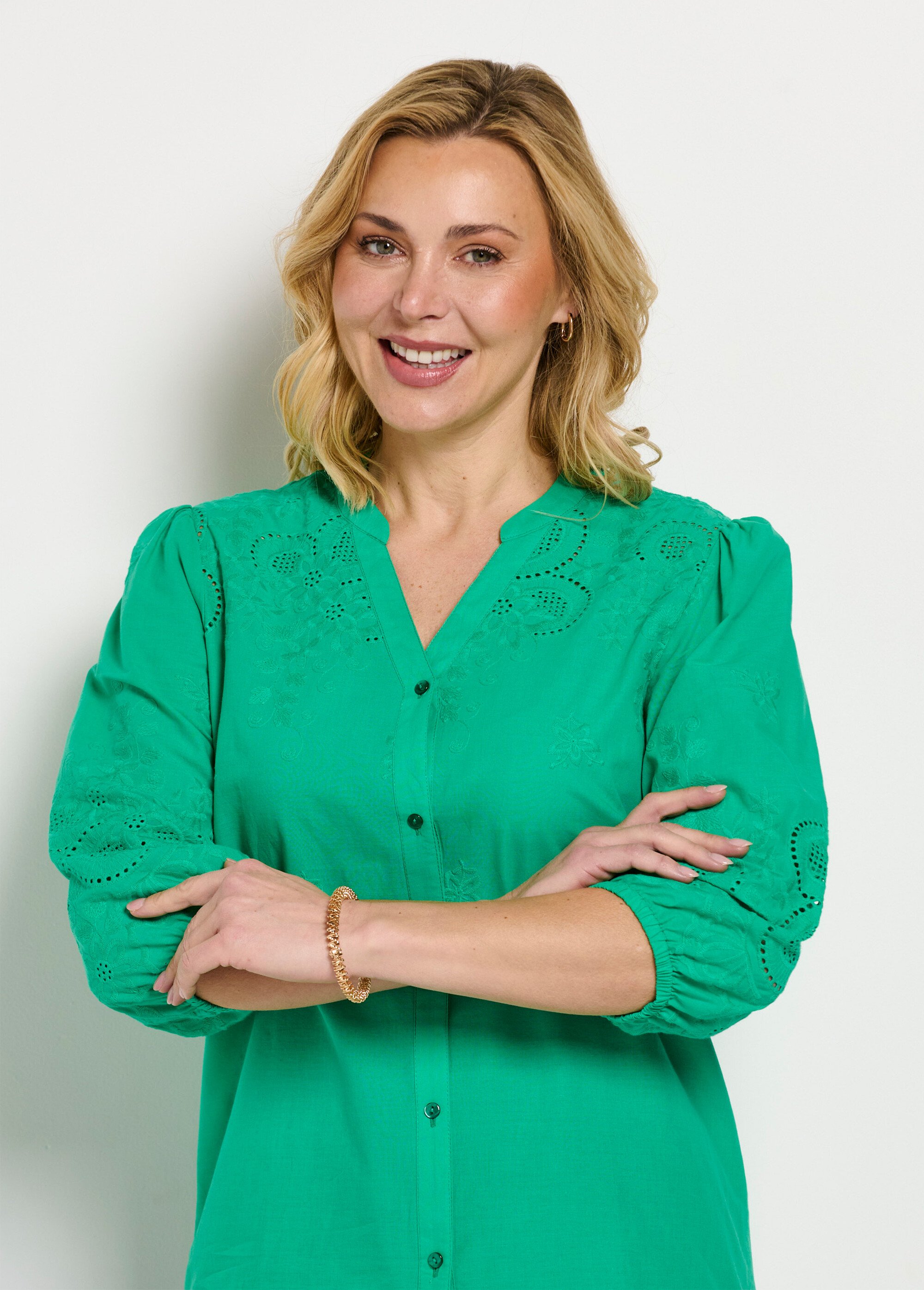 Chemisier long coton brodé manches 3/4