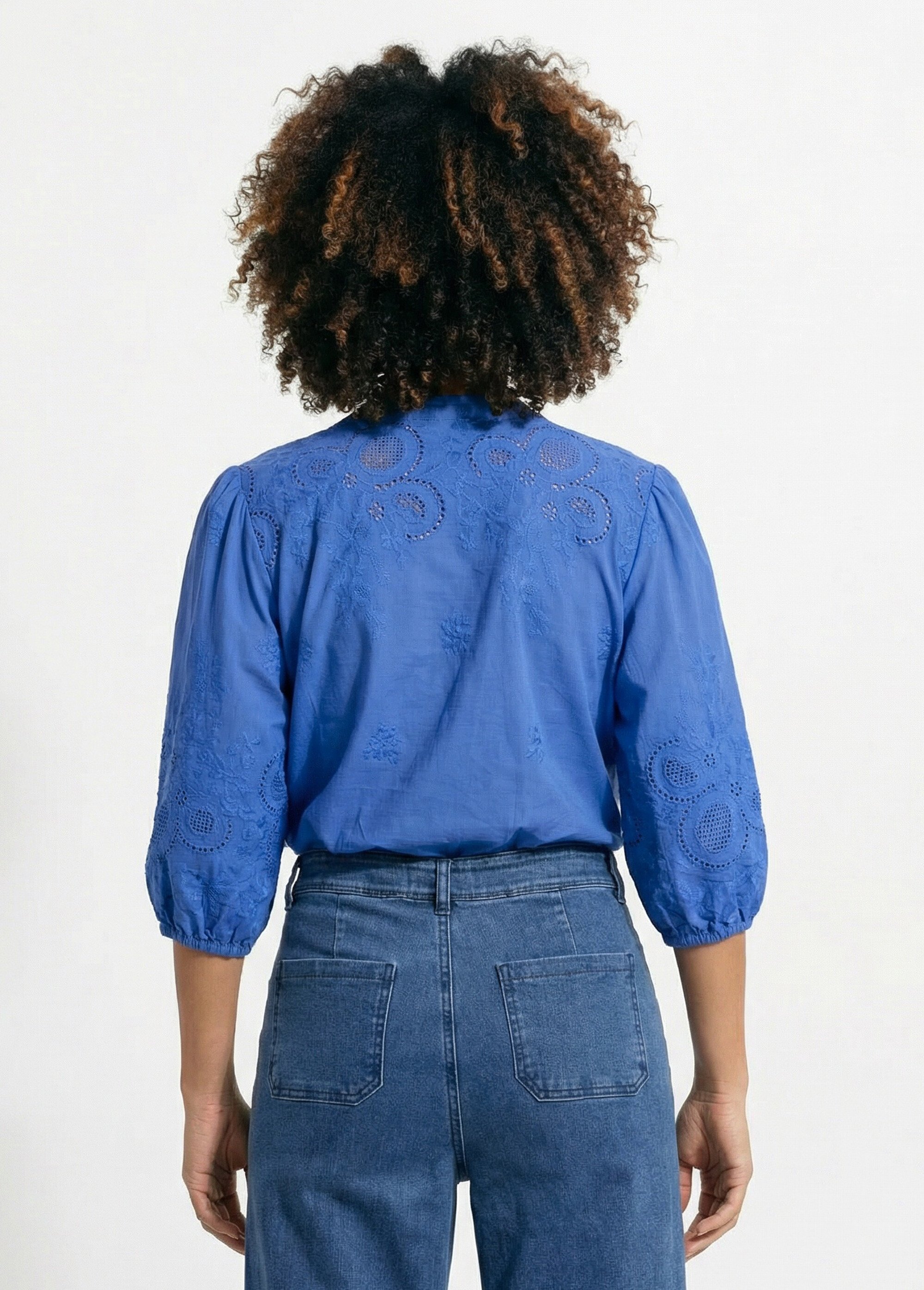 Chemisier long coton brodé manches 3/4
