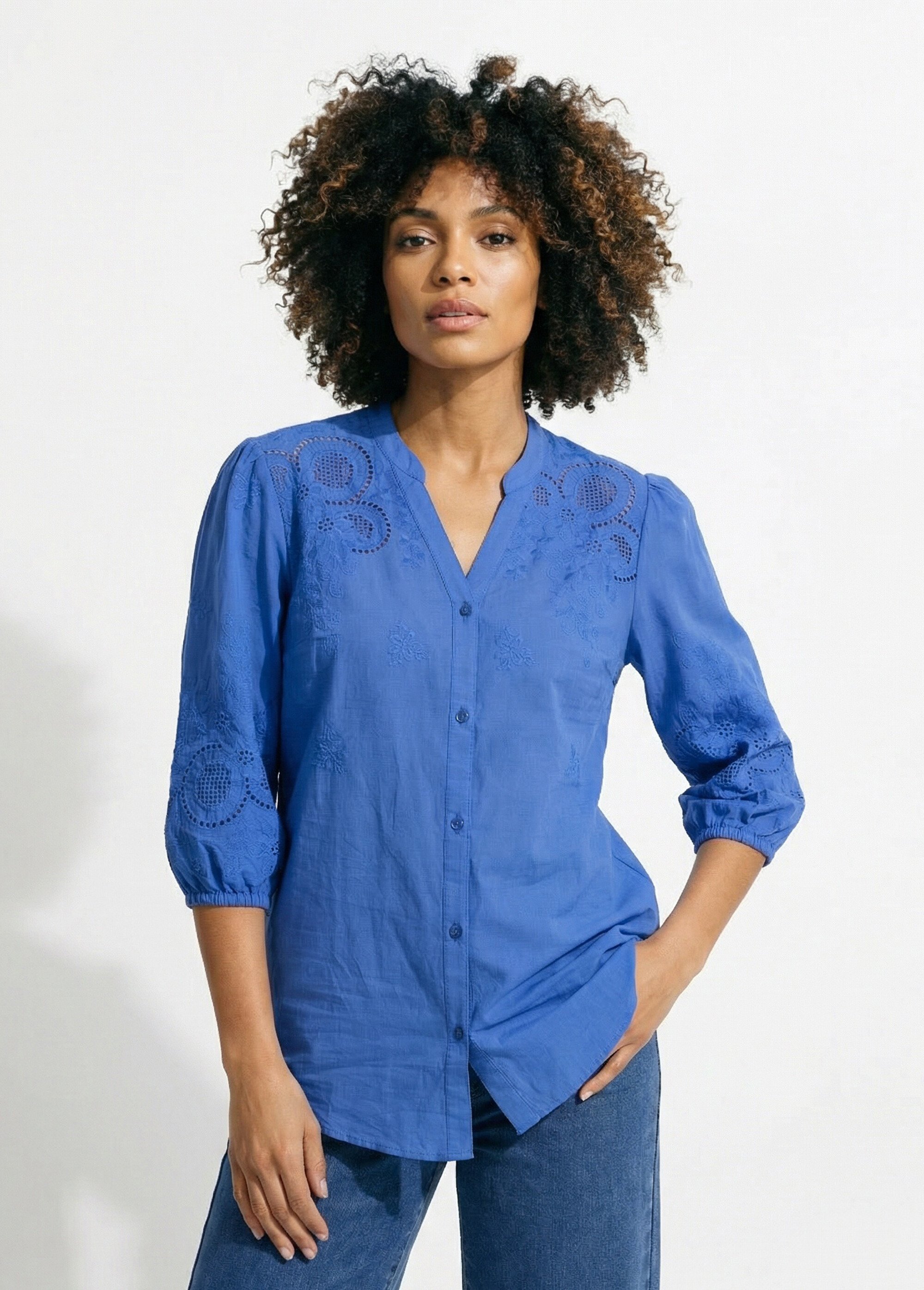 Chemisier long coton brodé manches 3/4 Femme Bleu CASCADE FA1