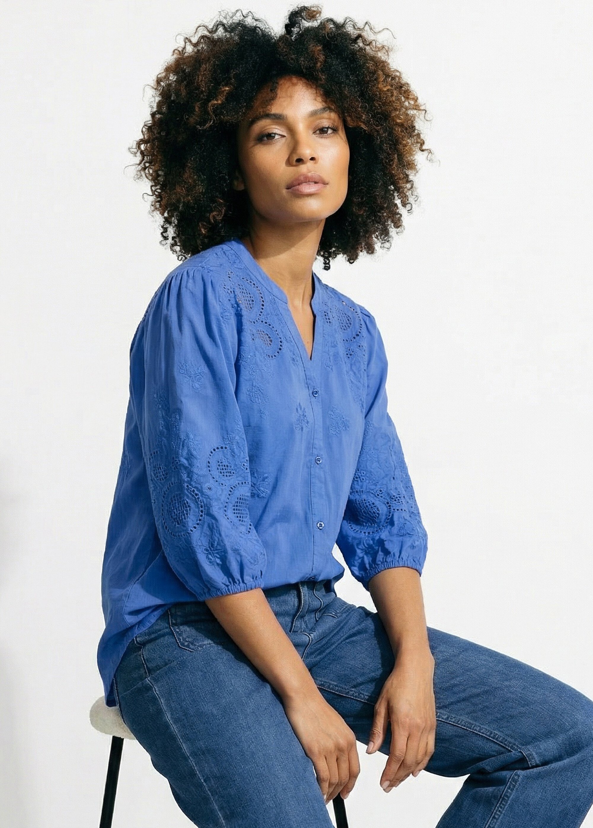 Chemisier long coton brodé manches 3/4 Femme Bleu CASCADE MV1