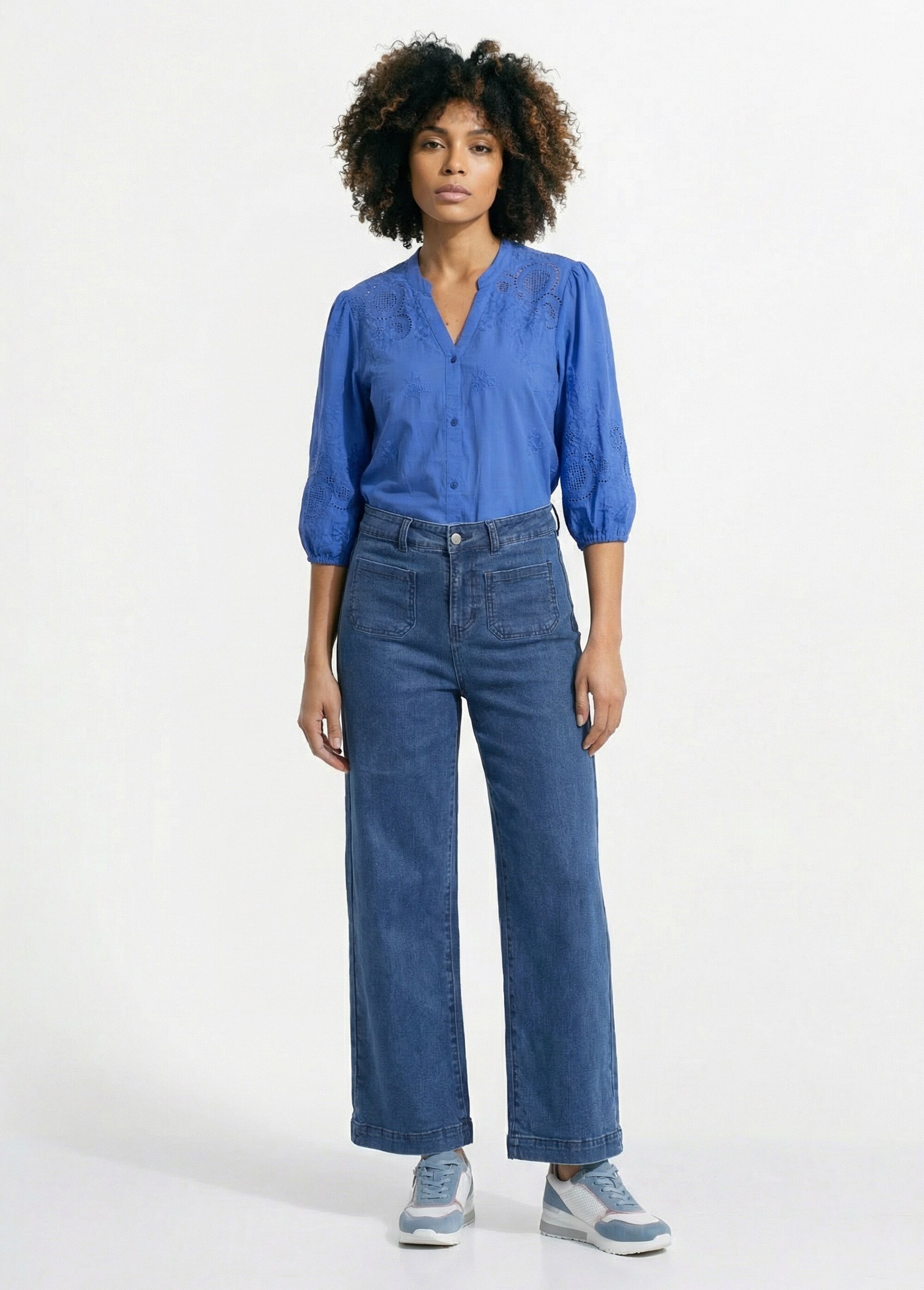 Chemisier long coton brodé manches 3/4 Femme Bleu CASCADE SF1