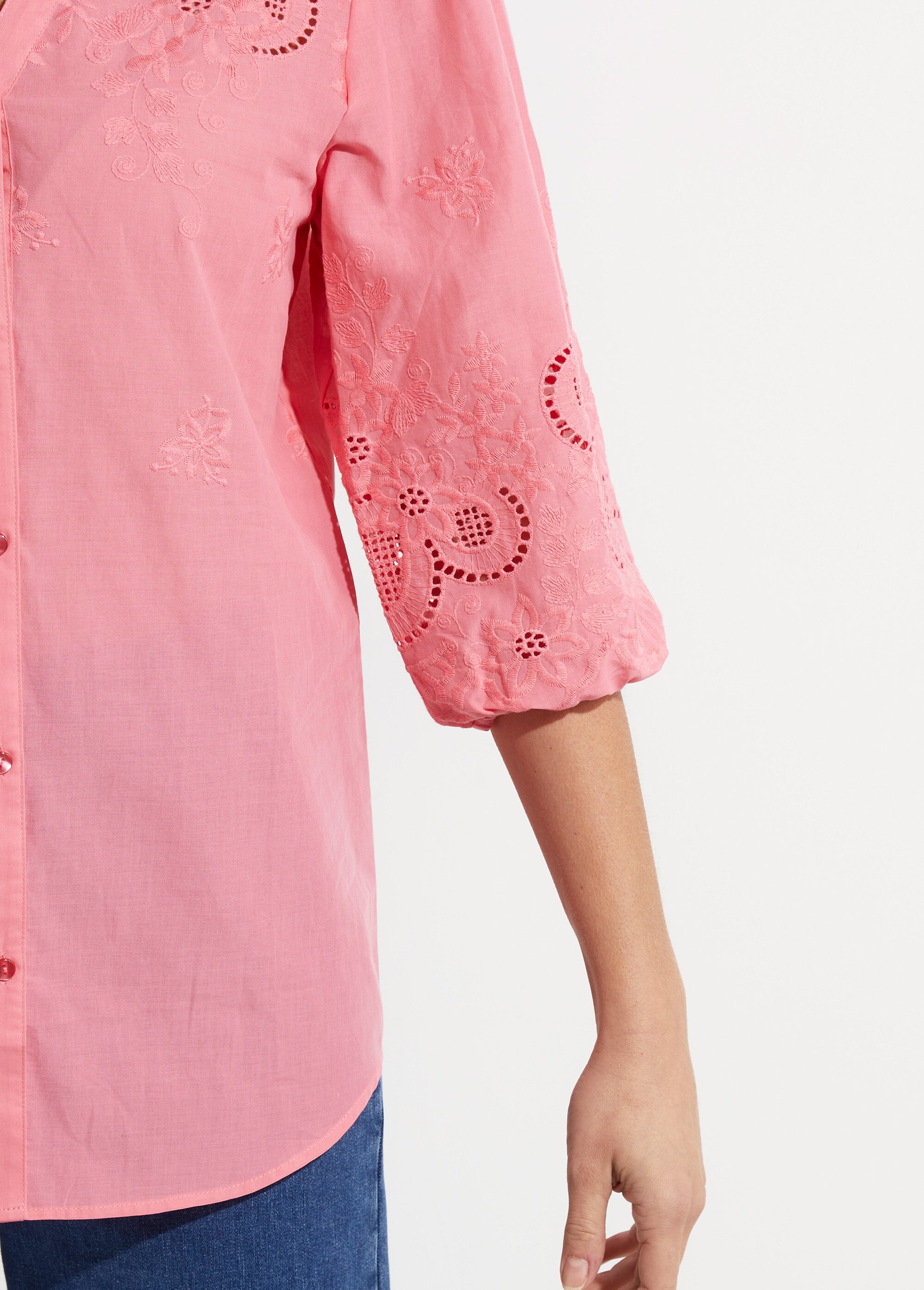 Chemisier long coton brodé manches 3/4 Femme ROSE BONBON CASCADE DE1