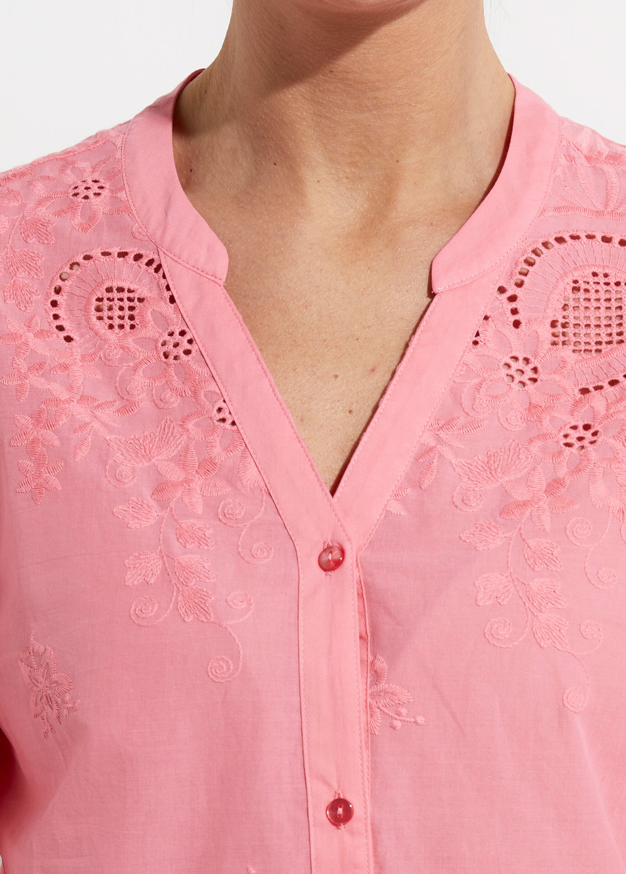 Chemisier long coton brodé manches 3/4 Femme ROSE BONBON CASCADE DE2