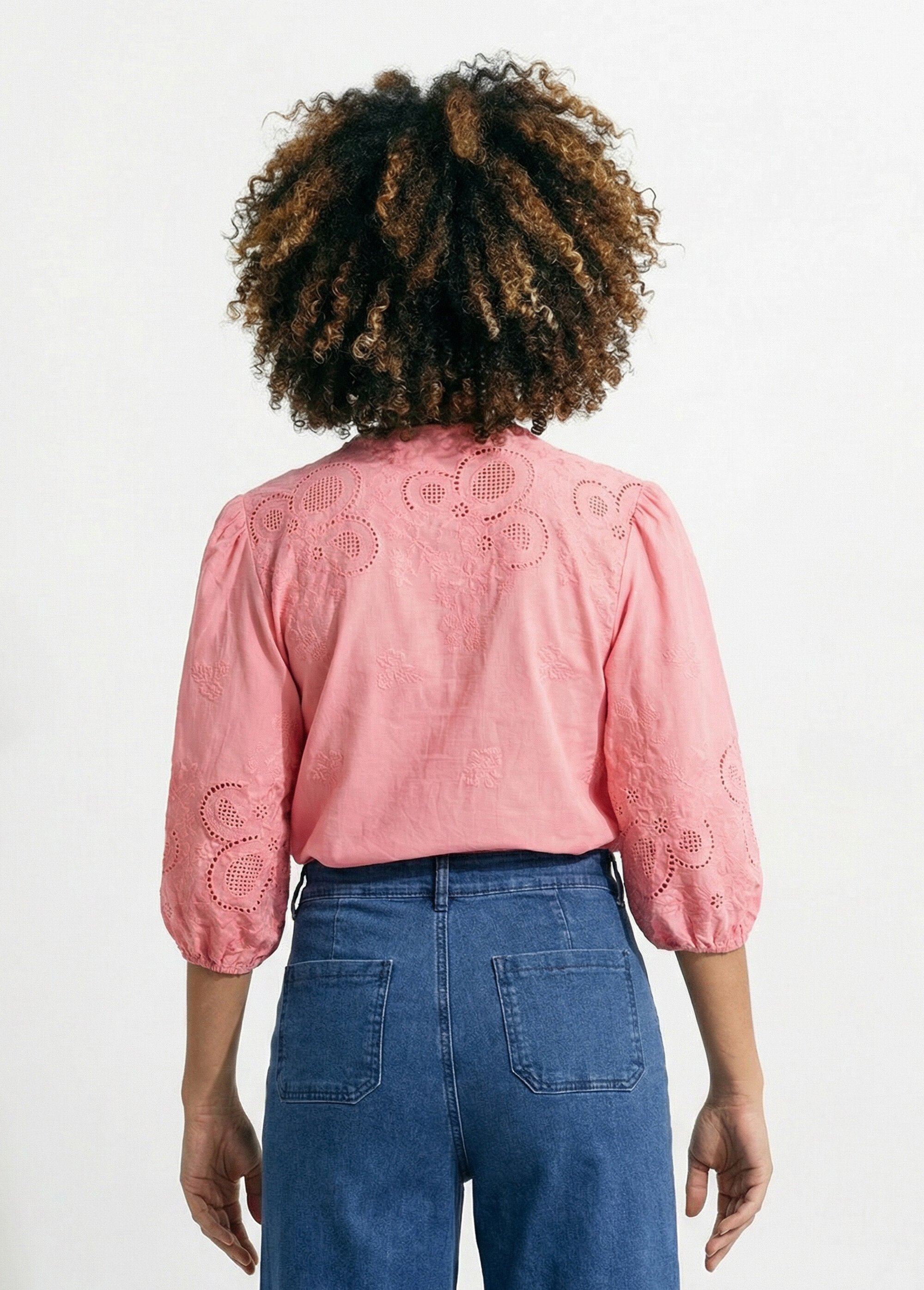 Chemisier long coton brodé manches 3/4