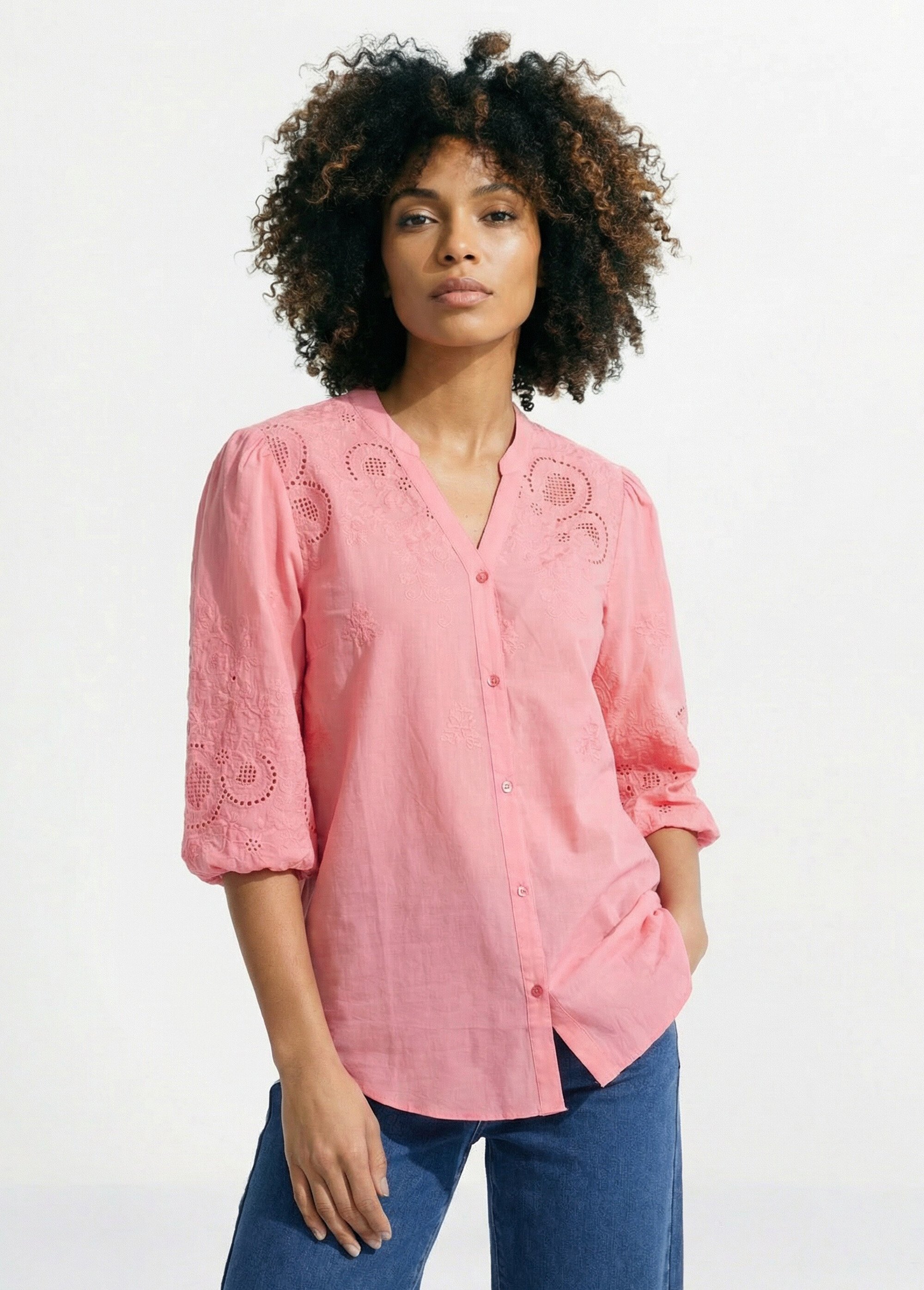 Chemisier long coton brodé manches 3/4 Femme ROSE BONBON CASCADE FA1