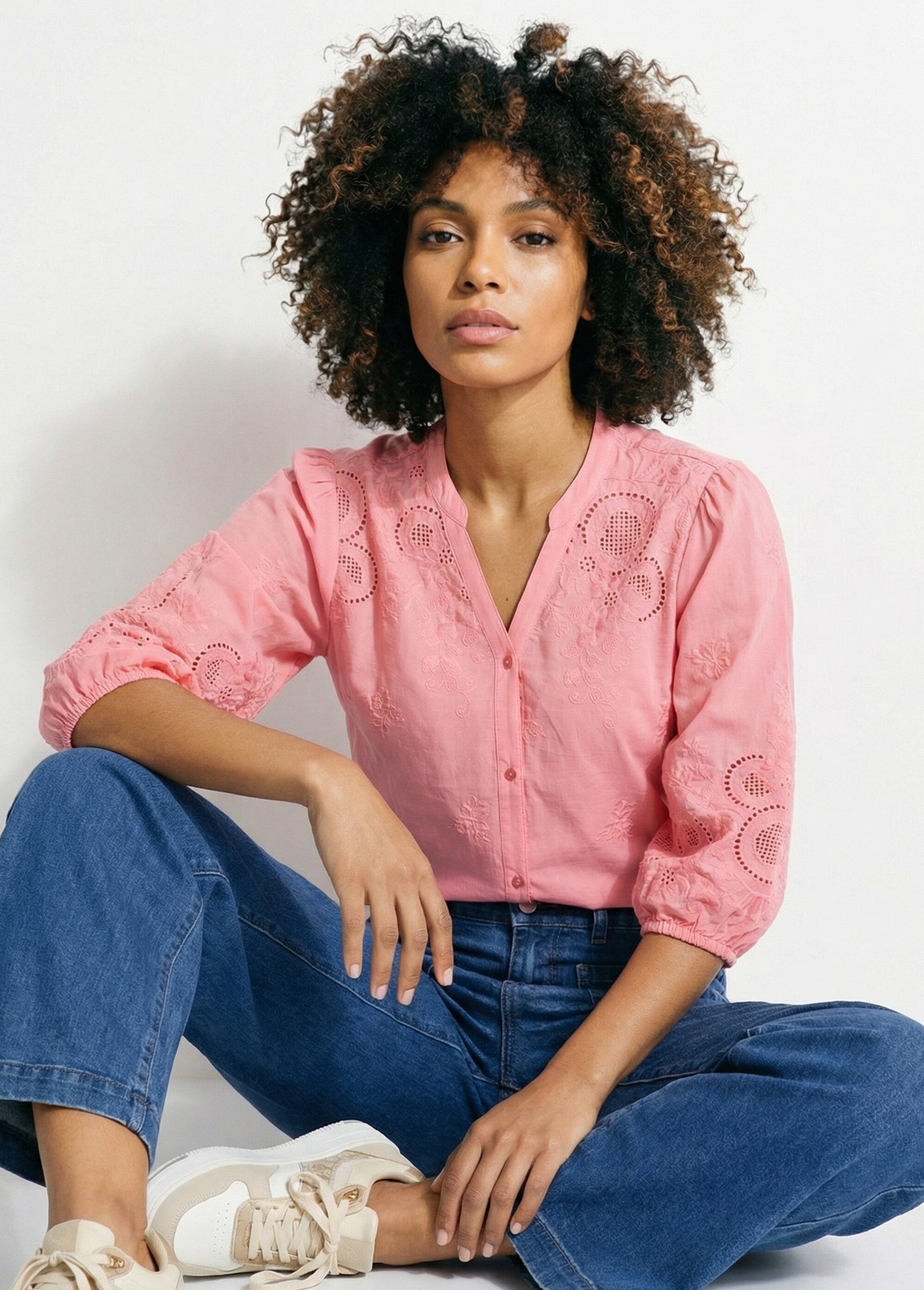 Chemisier long coton brodé manches 3/4 Femme ROSE BONBON CASCADE MV1