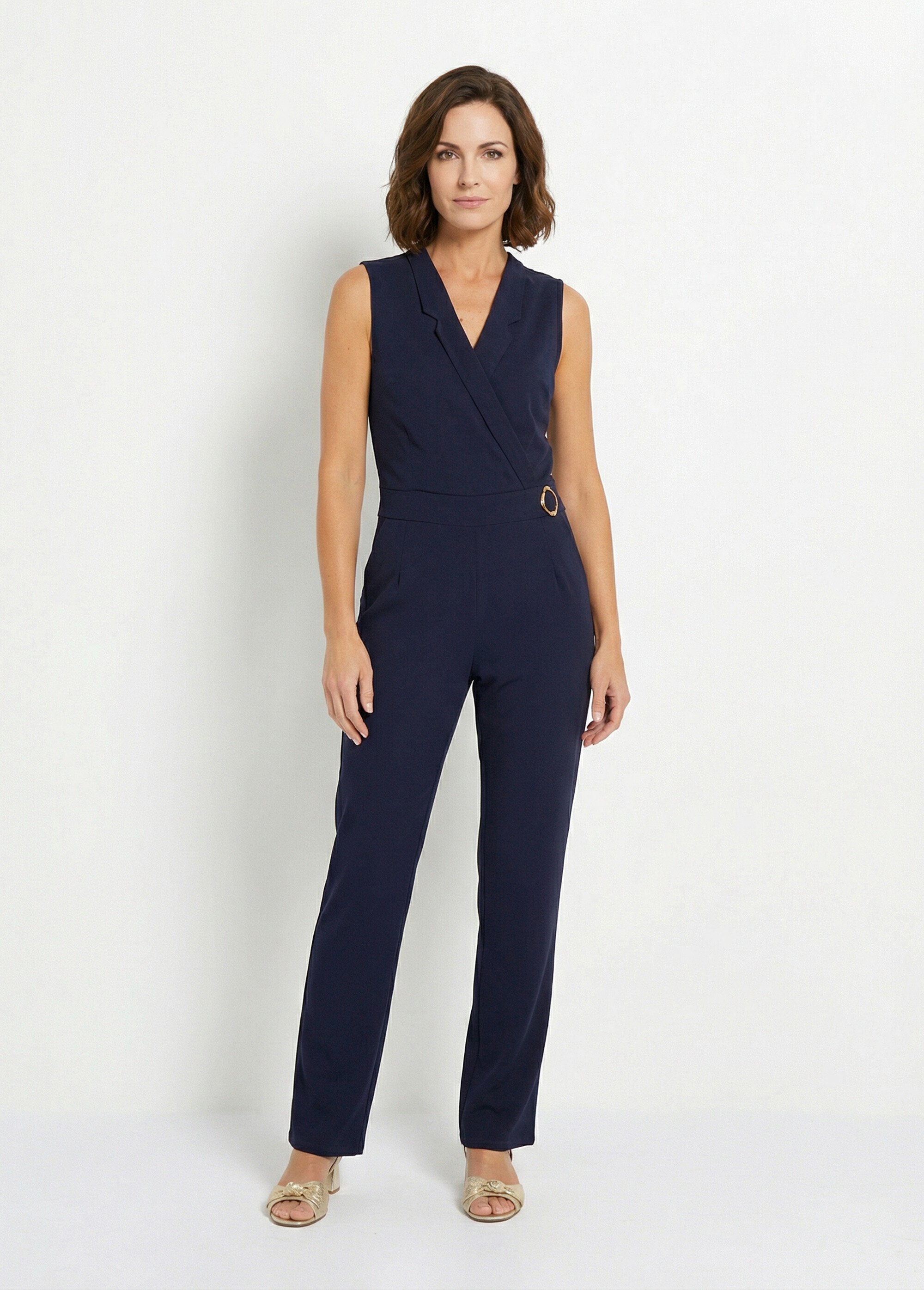 Combi-pantalon unie sans manches col tailleur Femme Bleu ELUNA FA1