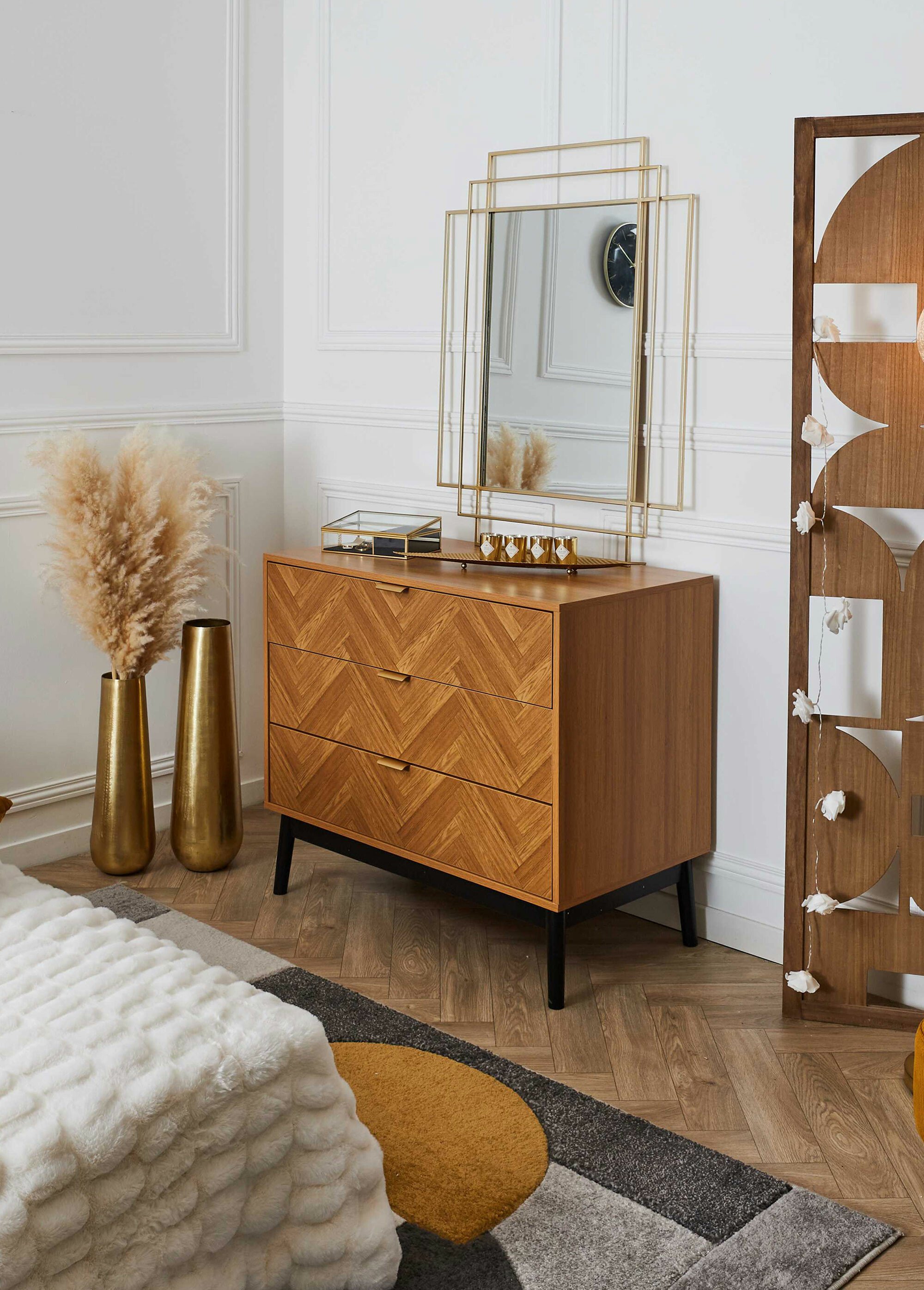 Commode bois façon chevrons, 3 tiroirs MARRON CMP-HD0302 SI2