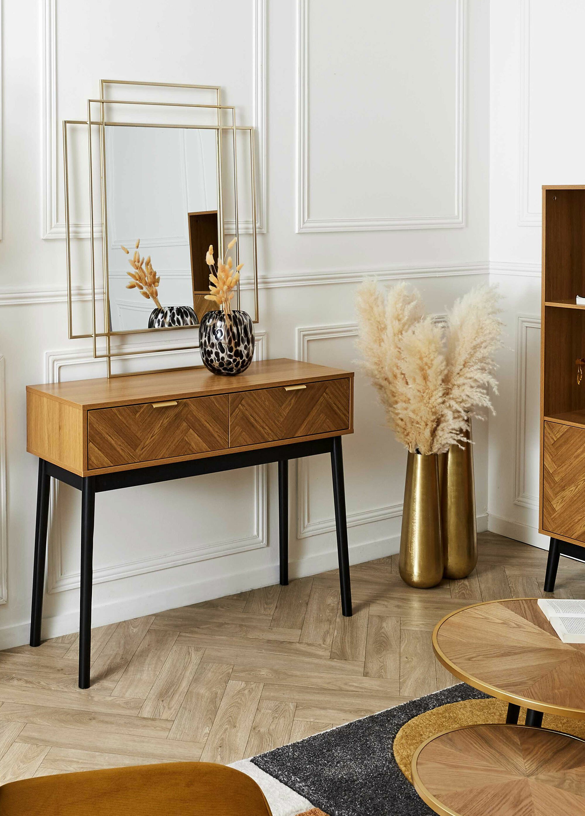 Console bois façon chevrons, 2 tiroirs MARRON CMP-HD0301 SI1