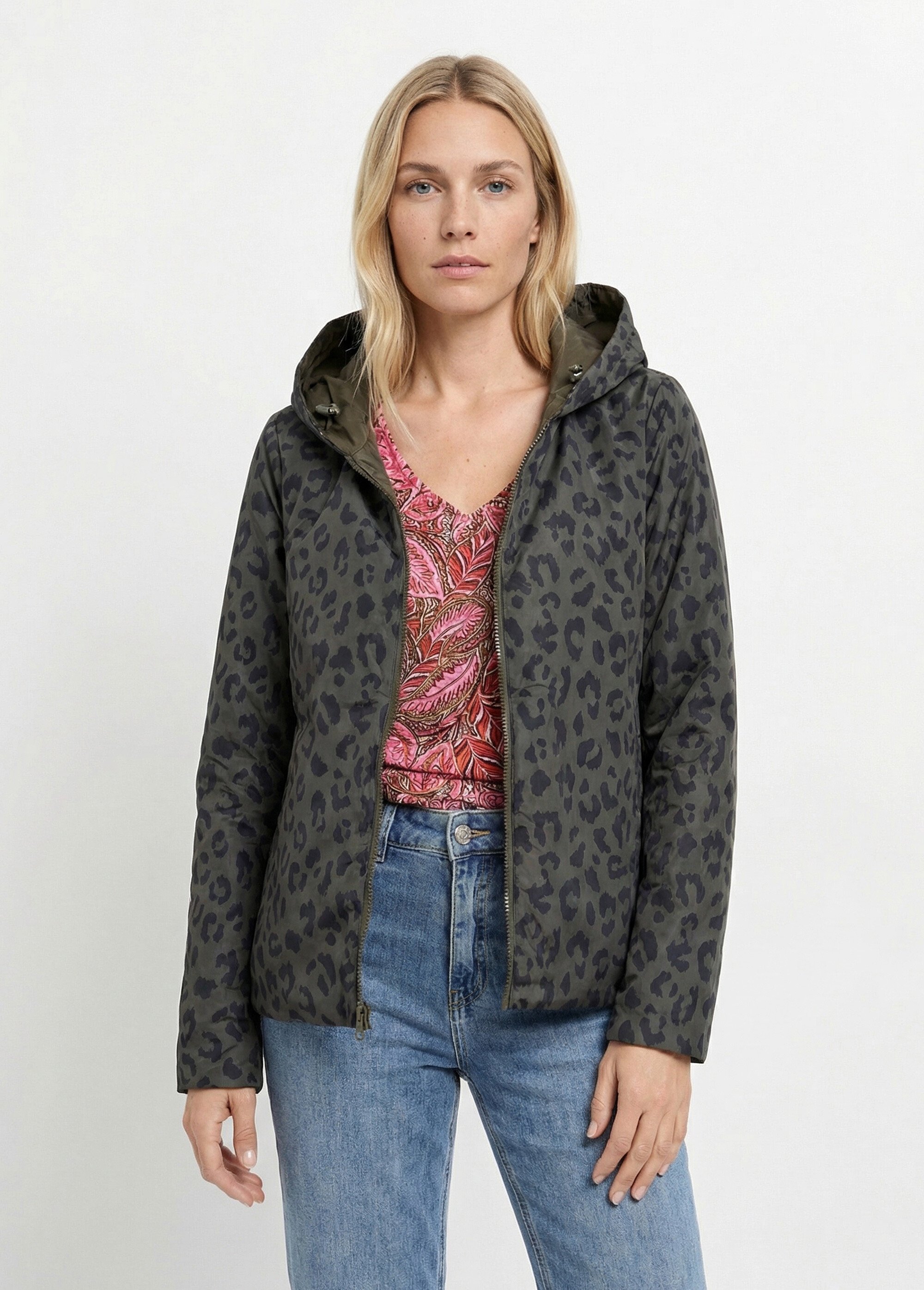 Coupe vent déperlant court motif léopard Femme Vert LJ-5011LEO FA2