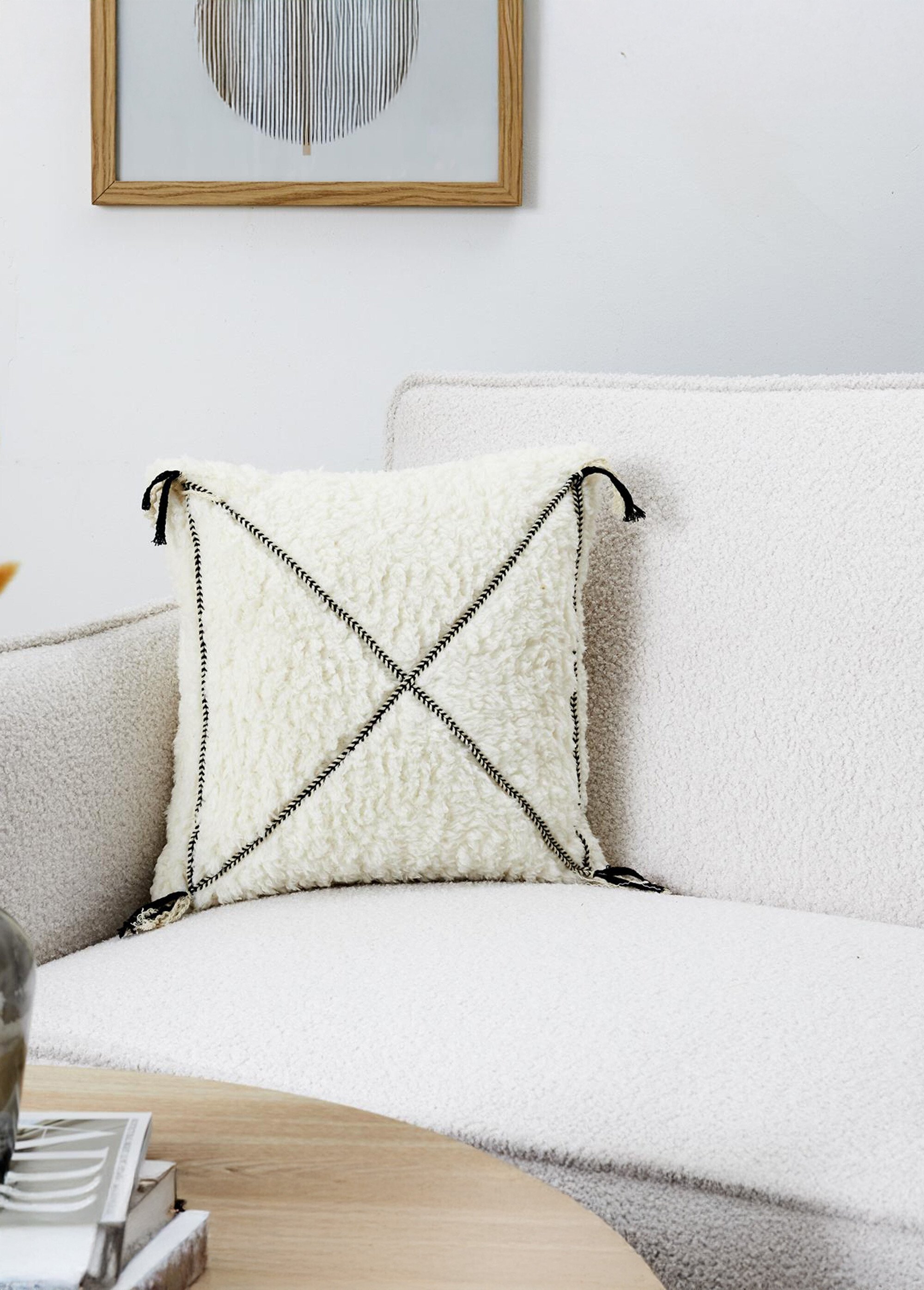 Coussin carré motif tressé et sherpa Blanc CMP-TX0105 SI1