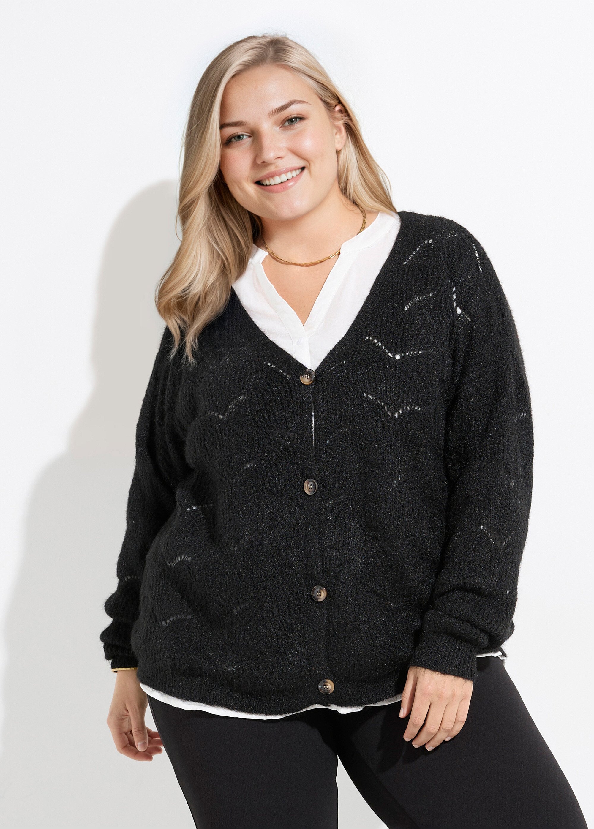 Gilet chaud maille mousseuse avec laine Femme Grande Taille Noir CHY-1355 FA1
