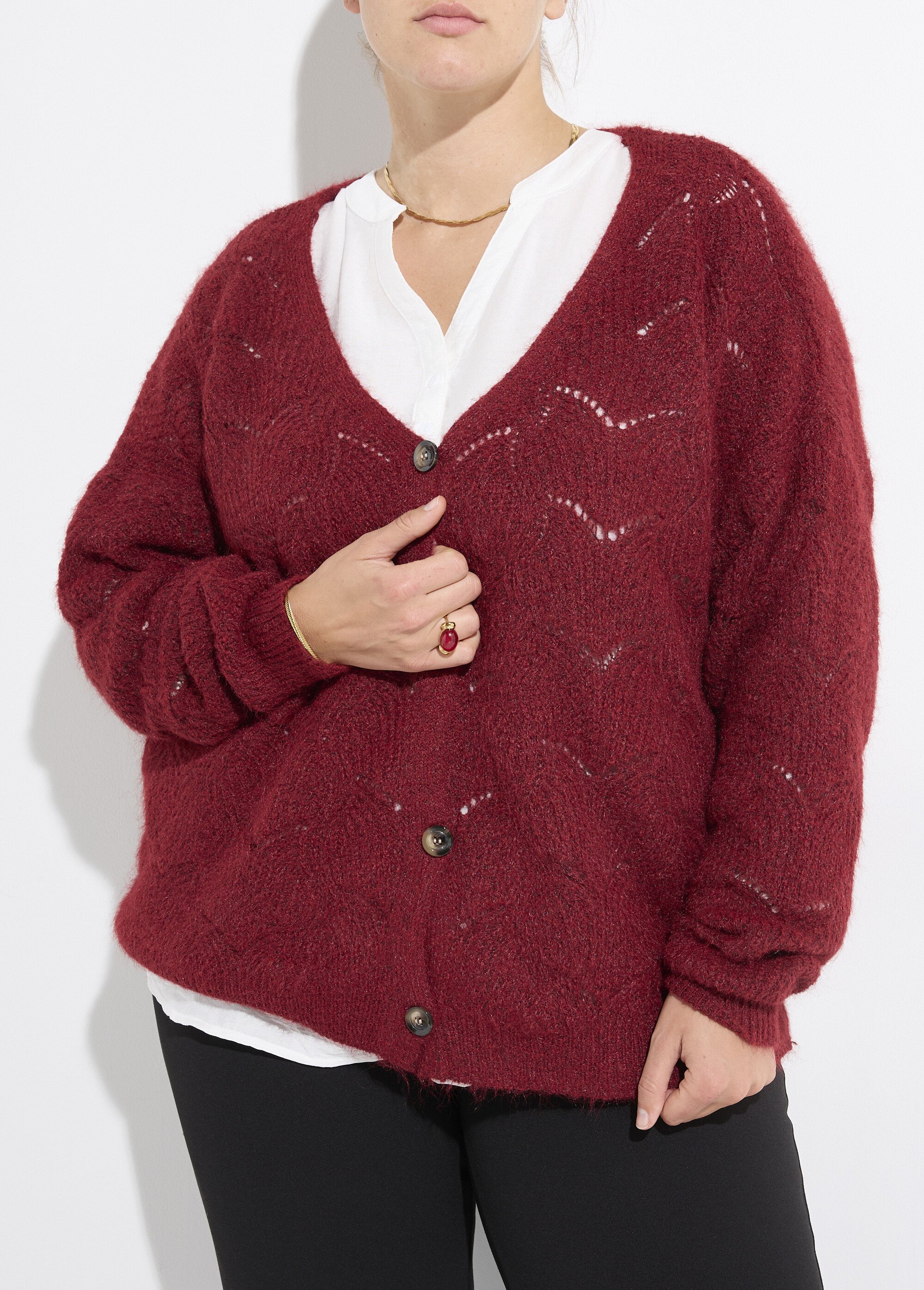 Gilet chaud maille mousseuse avec laine Femme Grande Taille Rouge CHY-1355 DE1