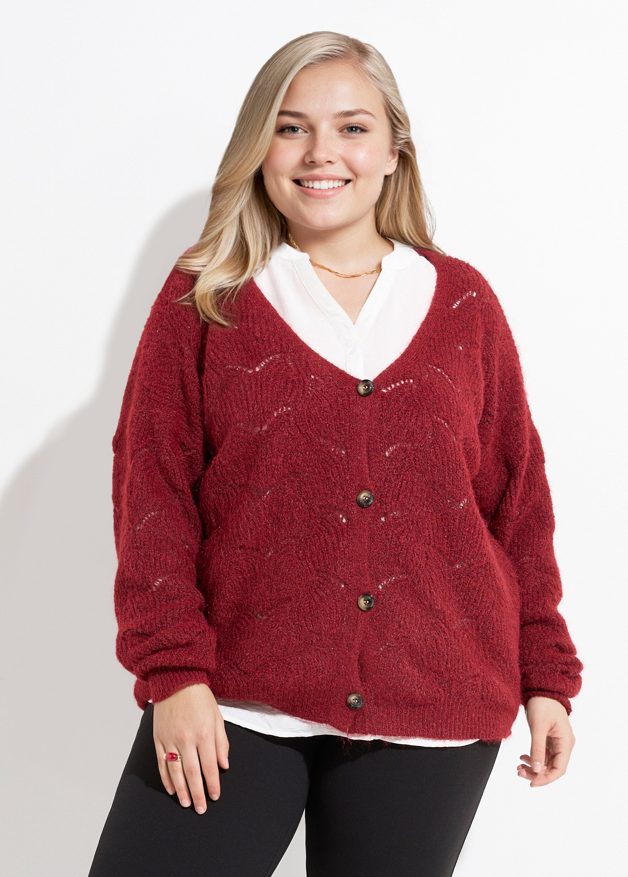 Gilet chaud maille mousseuse avec laine Femme Grande Taille Rouge CHY-1355 FA1