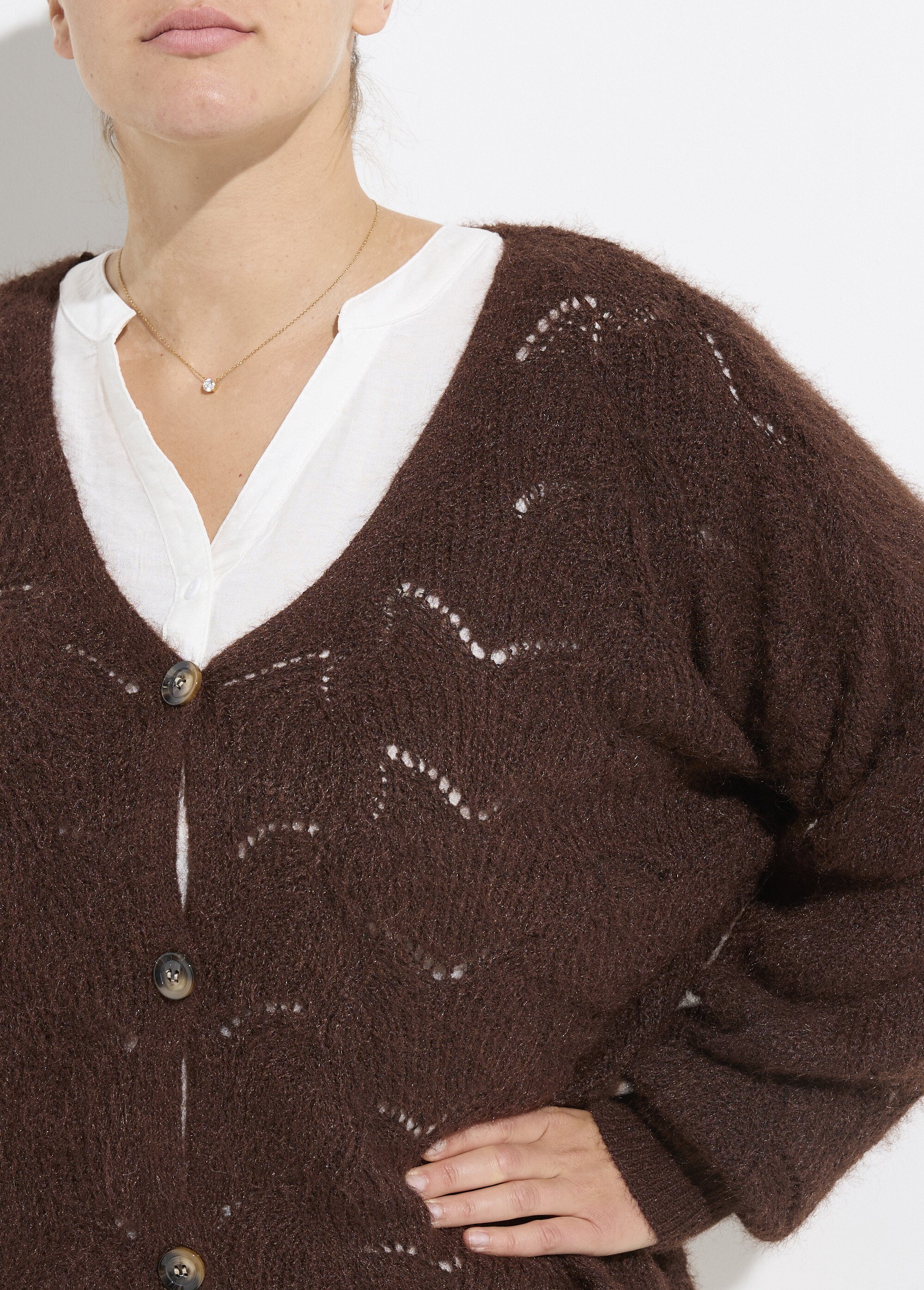 Gilet chaud maille mousseuse avec laine Femme Grande Taille Marron CHY-1355 DE1