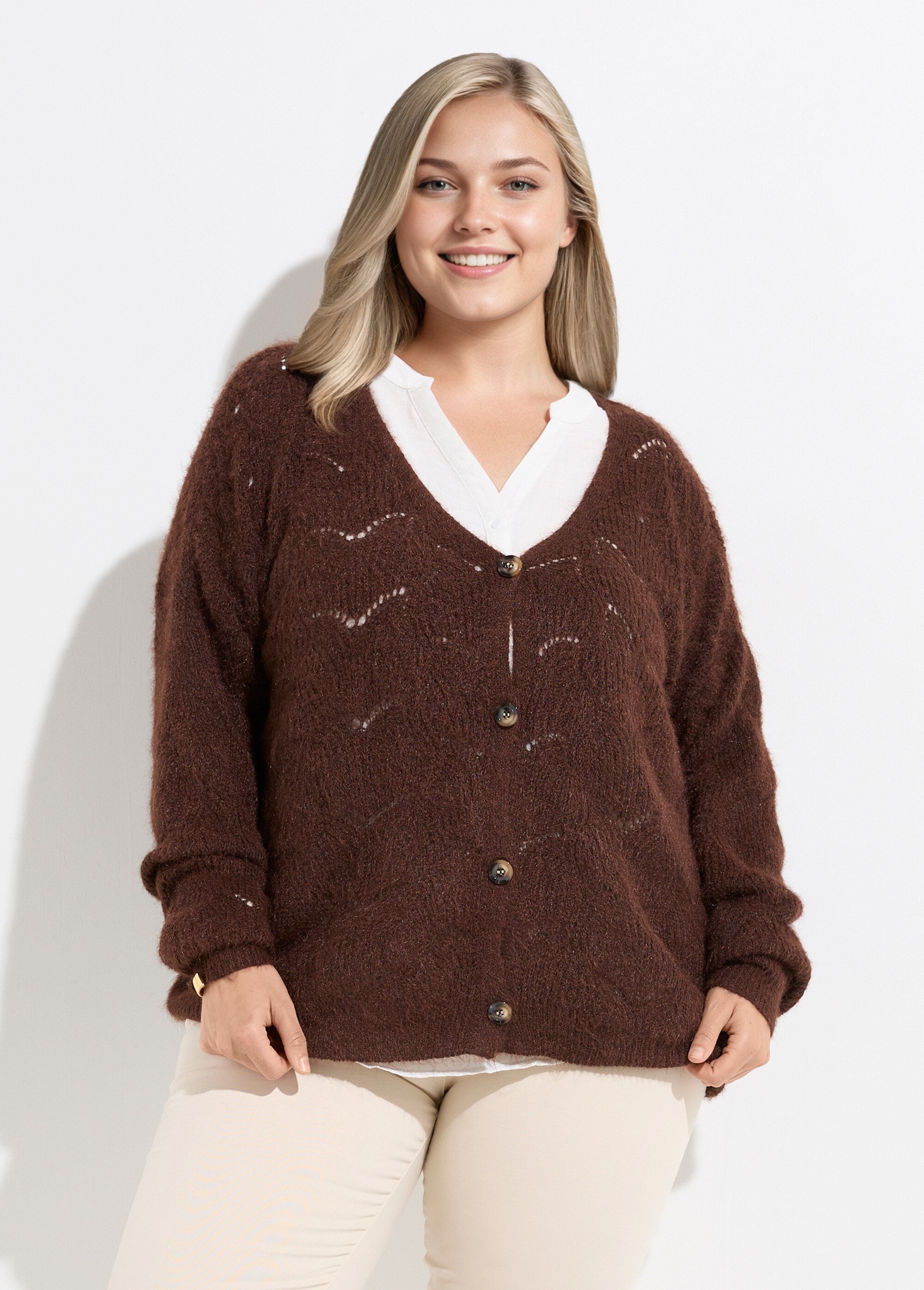 Gilet chaud maille mousseuse avec laine Femme Grande Taille Marron CHY-1355 FA1