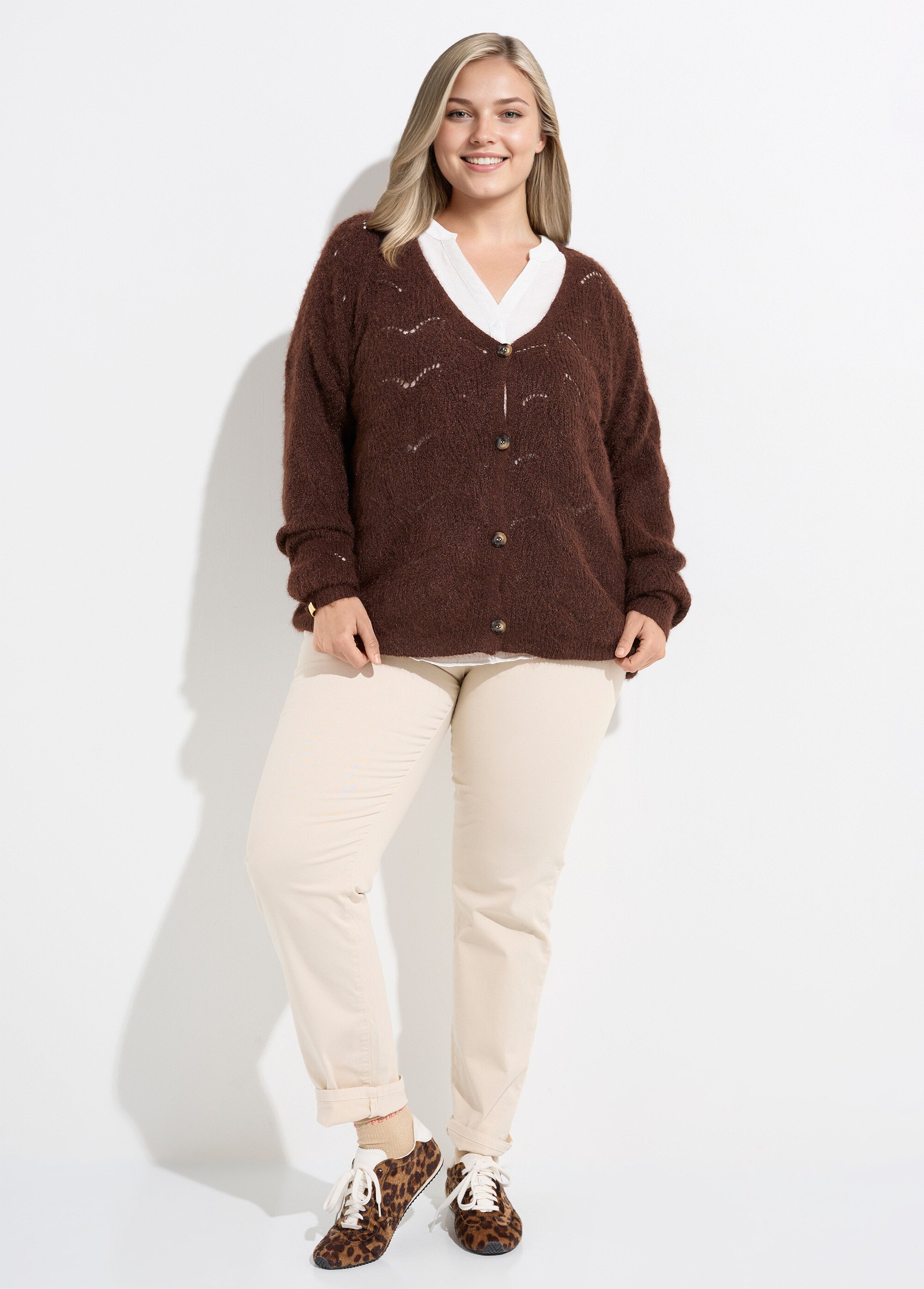 Gilet chaud maille mousseuse avec laine Femme Grande Taille Marron CHY-1355 SF1