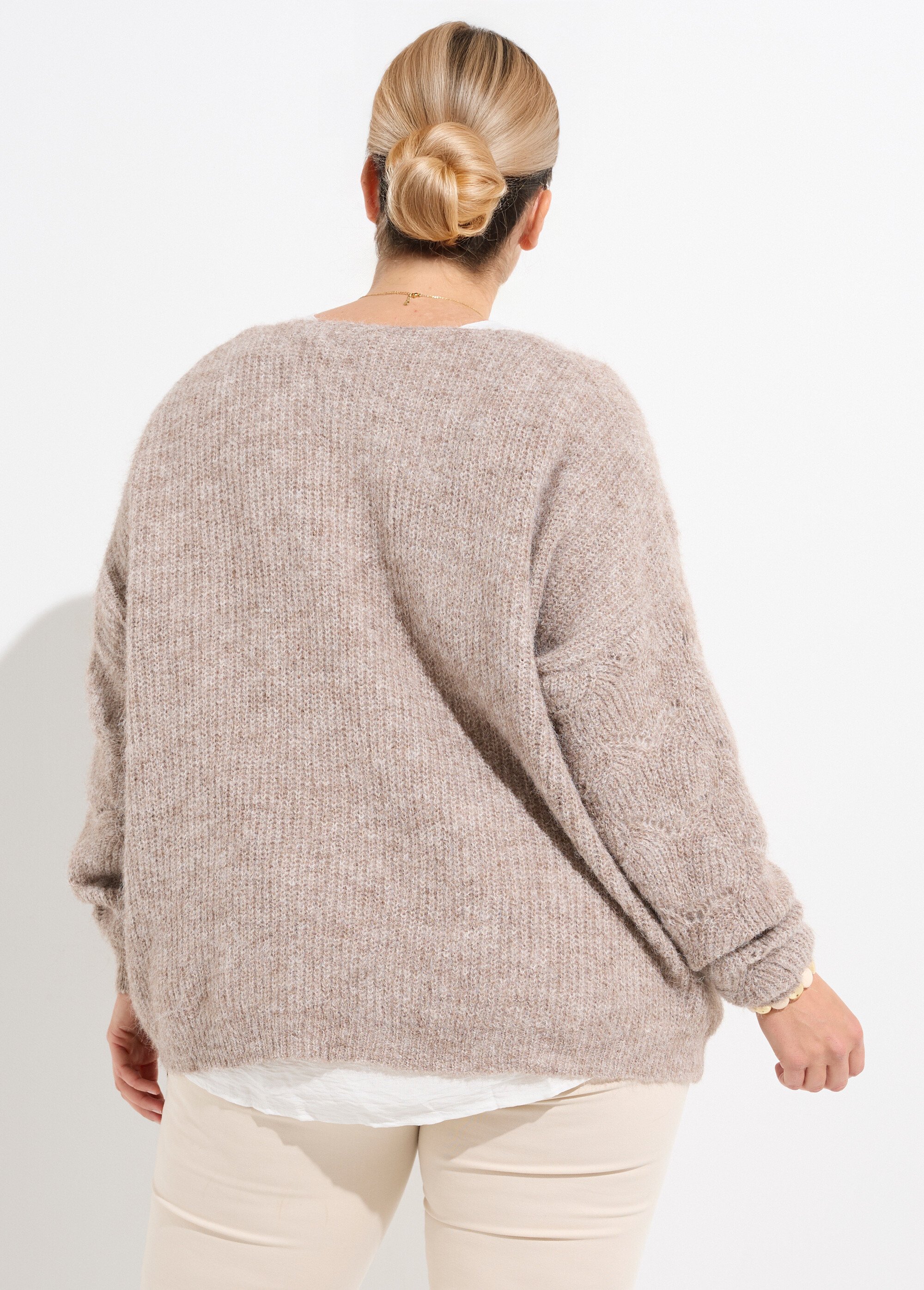 Gilet chaud maille mousseuse avec laine Femme Grande Taille Beige CHY-1355 DO1