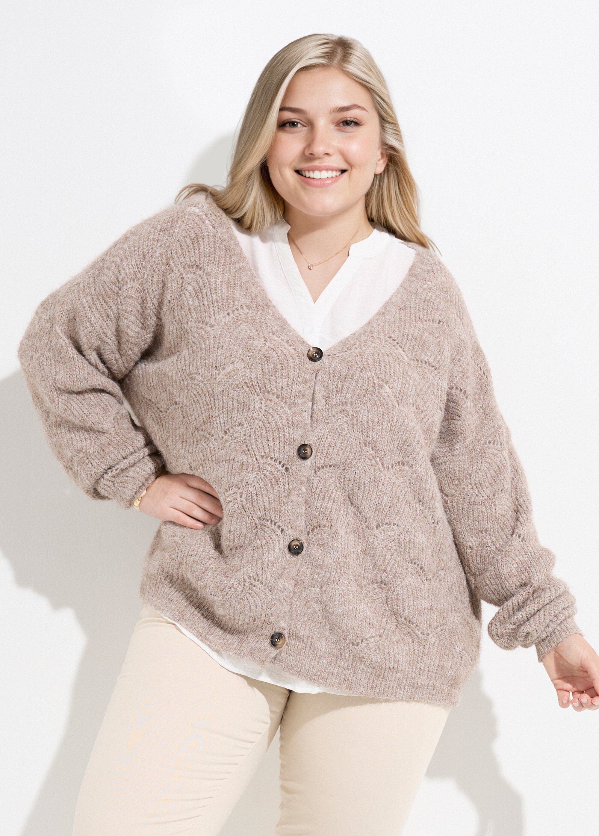 Gilet chaud maille mousseuse avec laine Femme Grande Taille Beige CHY-1355 FA1