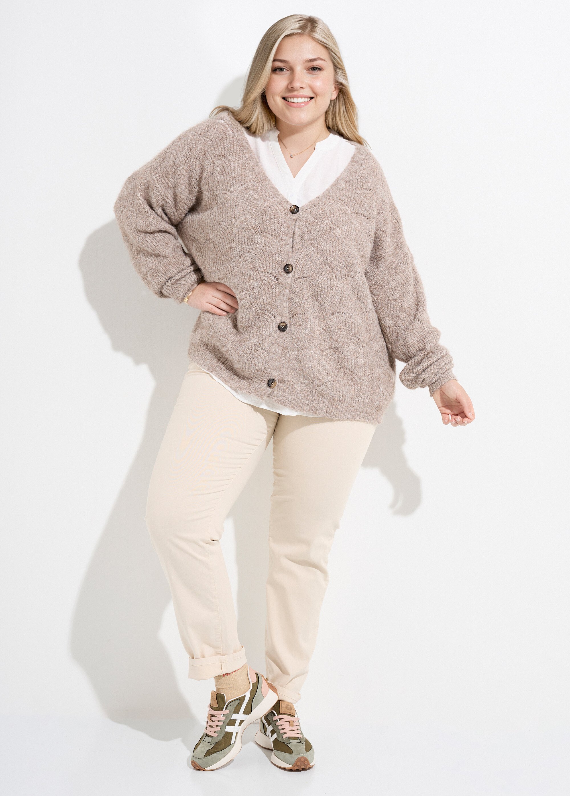 Gilet chaud maille mousseuse avec laine Femme Grande Taille Beige CHY-1355 SF1