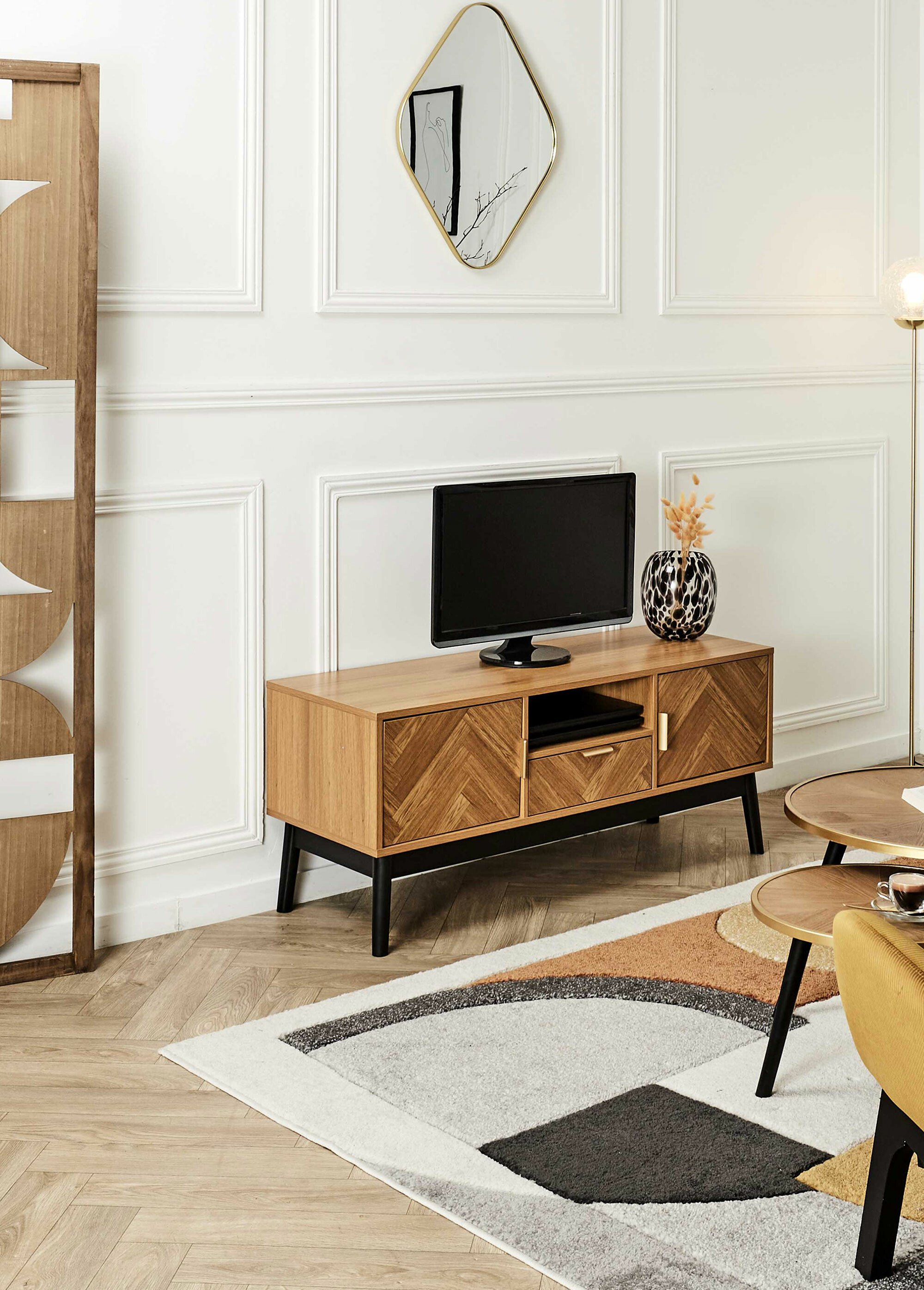 Meuble TV en bois façon chevrons MARRON CMP-HD0300 SI1