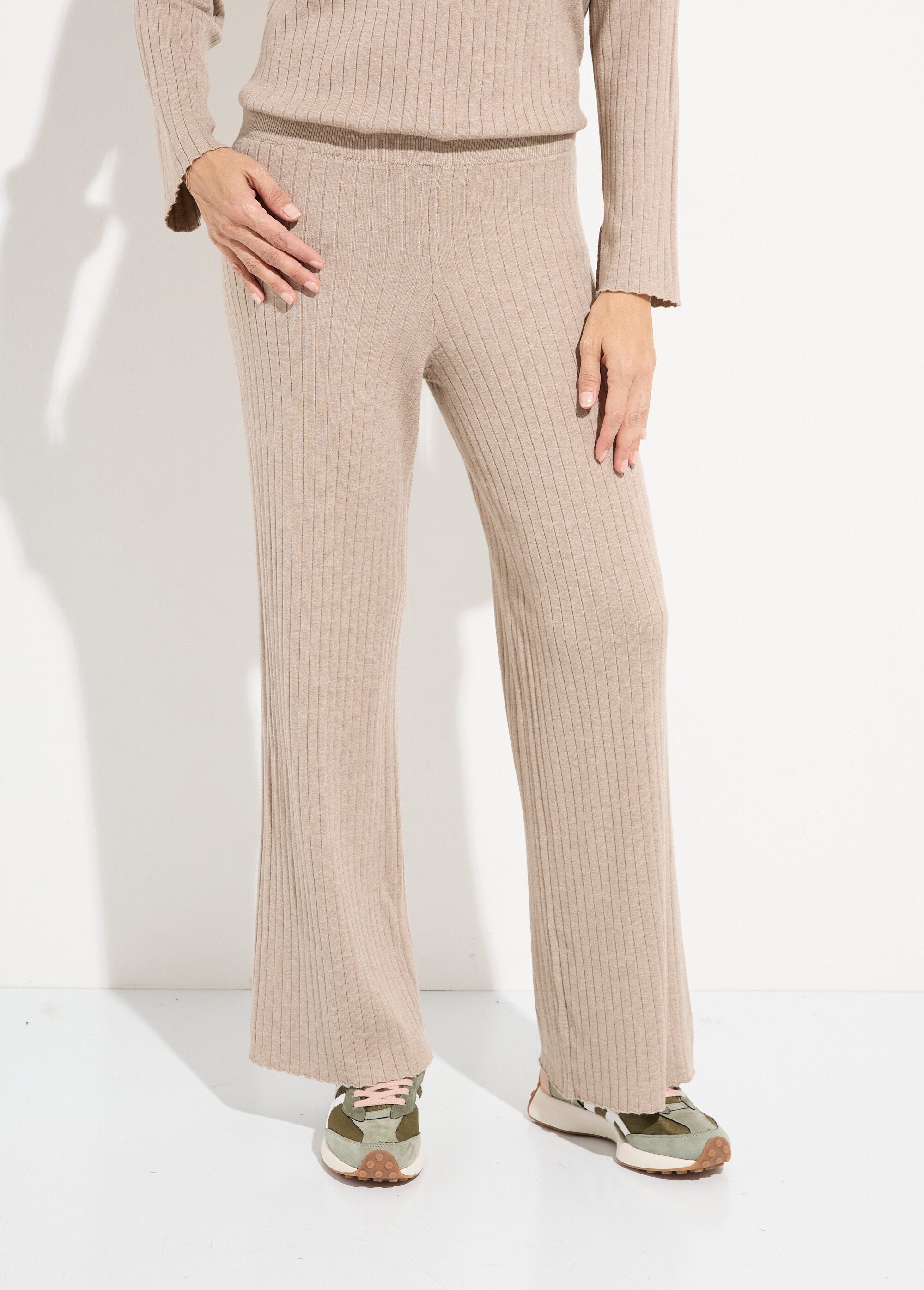 Pantalon confort, maille cotes plates Femme Beige LBC-HA3661BAS FA1