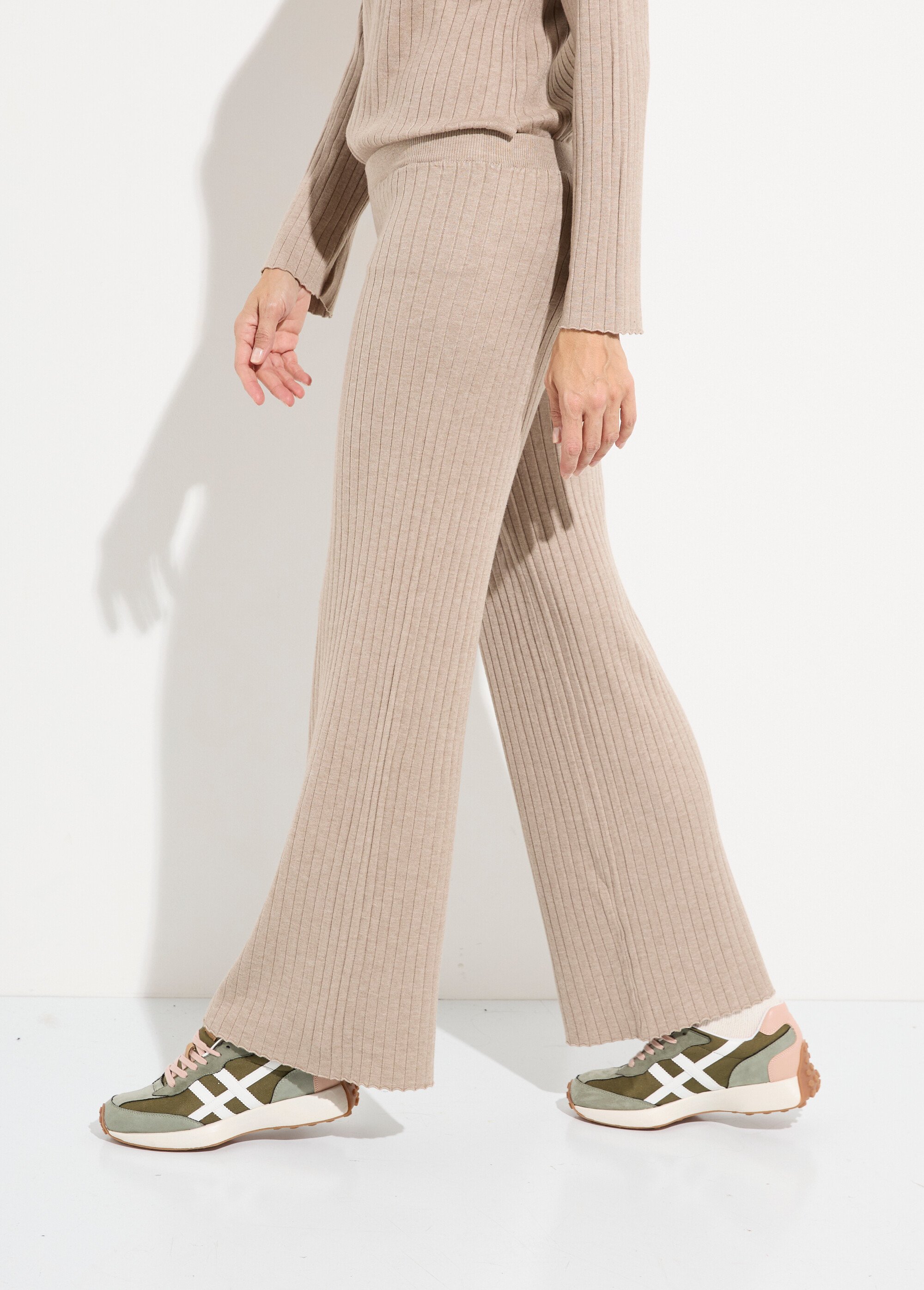 Pantalon confort, maille cotes plates Femme Beige LBC-HA3661BAS GA1